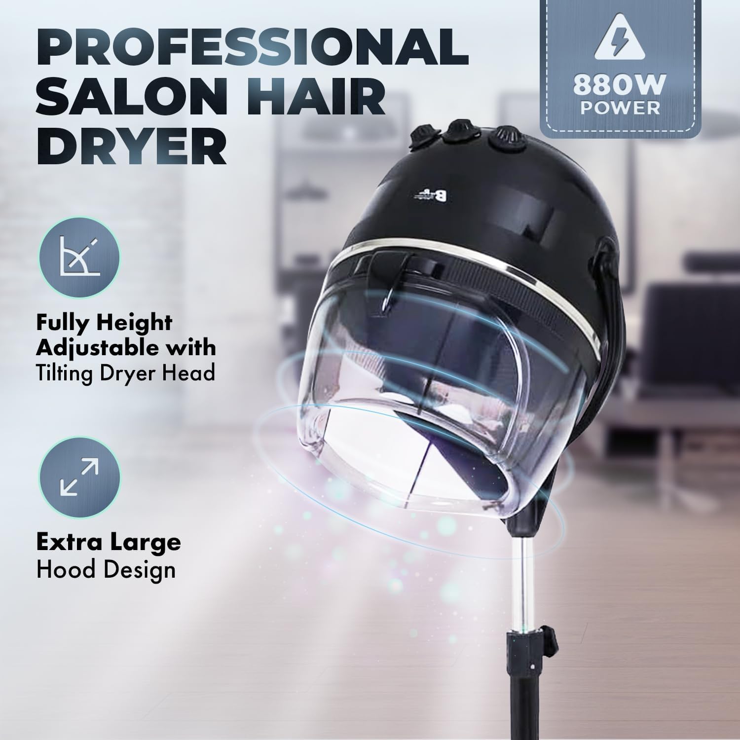 Buy-Rite Meredith 880 Watt Salon Hair Dryer, Sturdy 5-Star Caster Fully Adjustable Height, 60 Minute Timer, Automatic Shut-Off, Numerical Temp Control & 6 Option Fan Control, MEI-1028 - Image 3