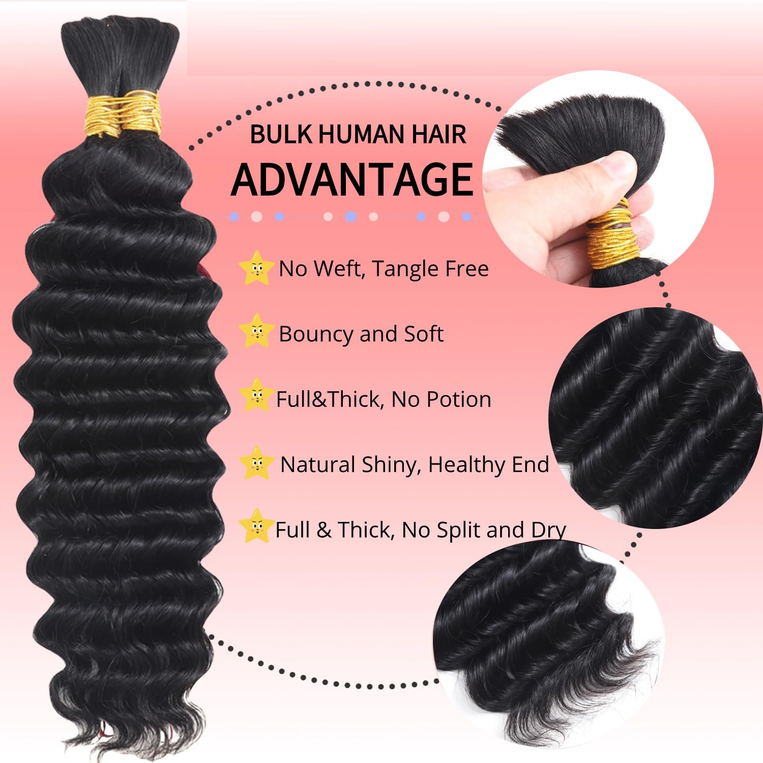 Human Braiding Hair for Boho Braids 100g 18 Inch Deep Wave Bulk Human Hair for Braiding 12A No Weft Curly Human Hair Extensions Wet and Wavy Boho Hair for Braiding 2 Bundles/Pack Natural Color - Image 3