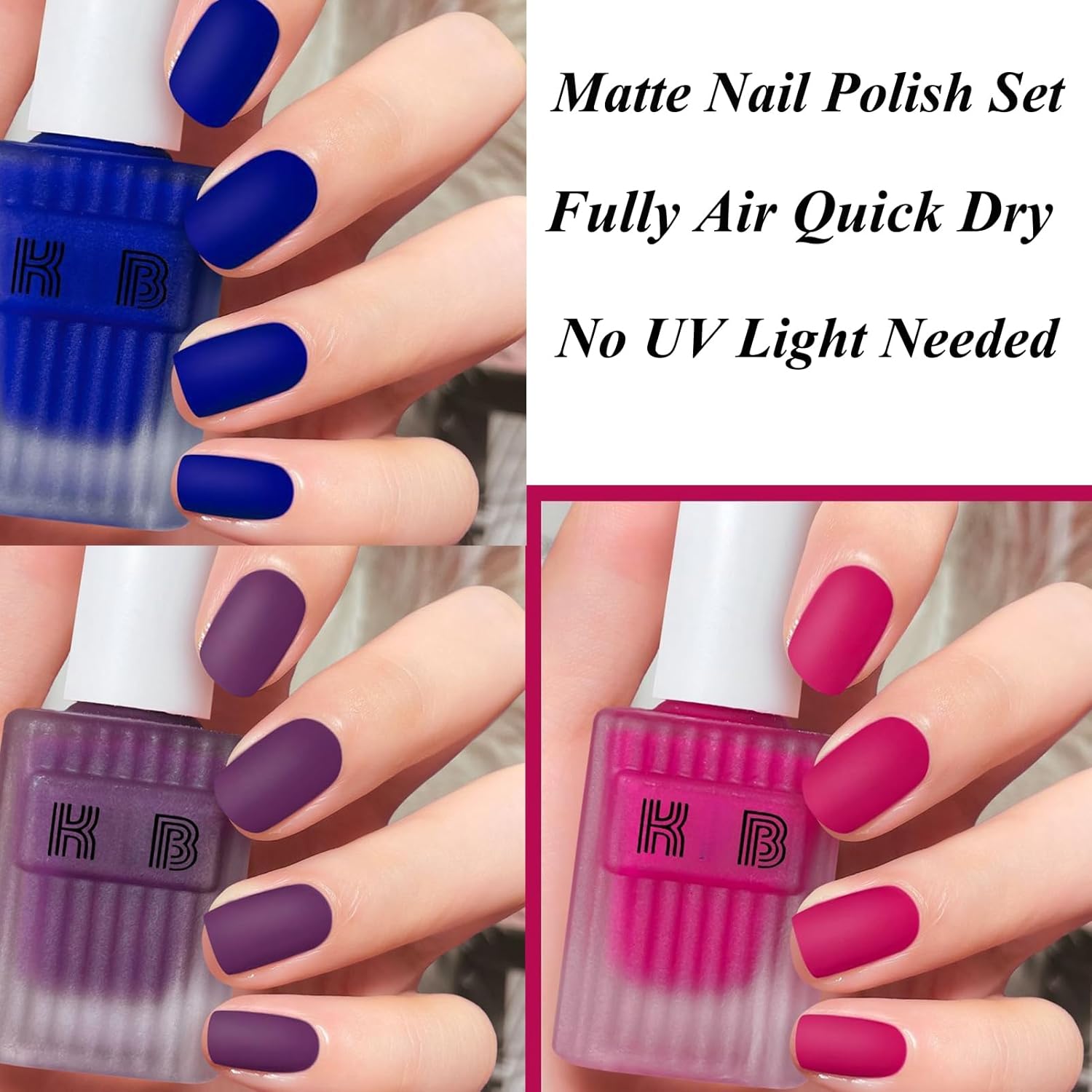 Matte Nail Polish Set, 3Pcs Matte Finish Nail Polish Instant Dry, Velvet Gel Nail Polish without UV Light Needed, Nail Polish Gift Set for Women Girls, Pink, Red and Blue - Image 2