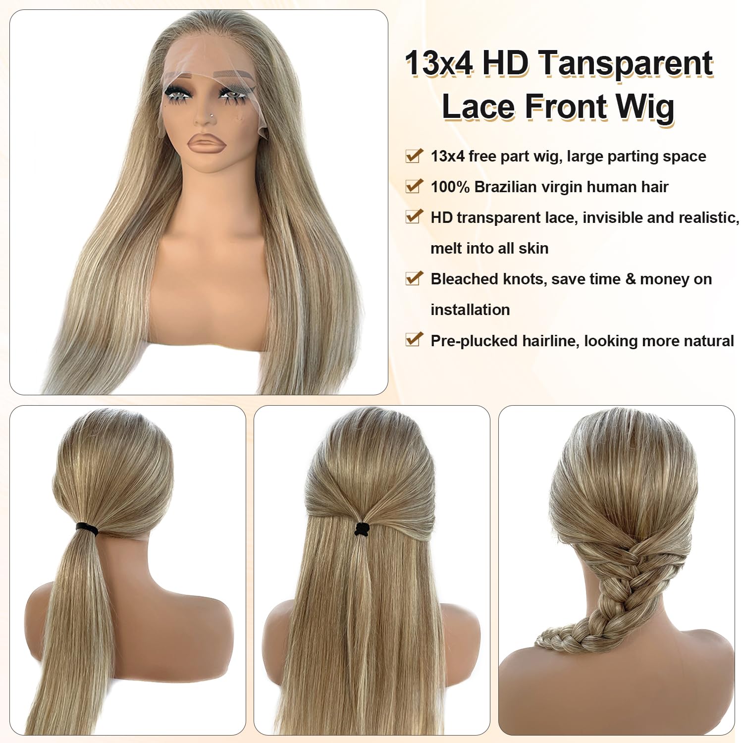 13x4 HD Lace Frontal Wig 22 Inch Ash Brown to Platinum Blonde Balayage Human Hair Glueless 180% Density Remy - Image 2