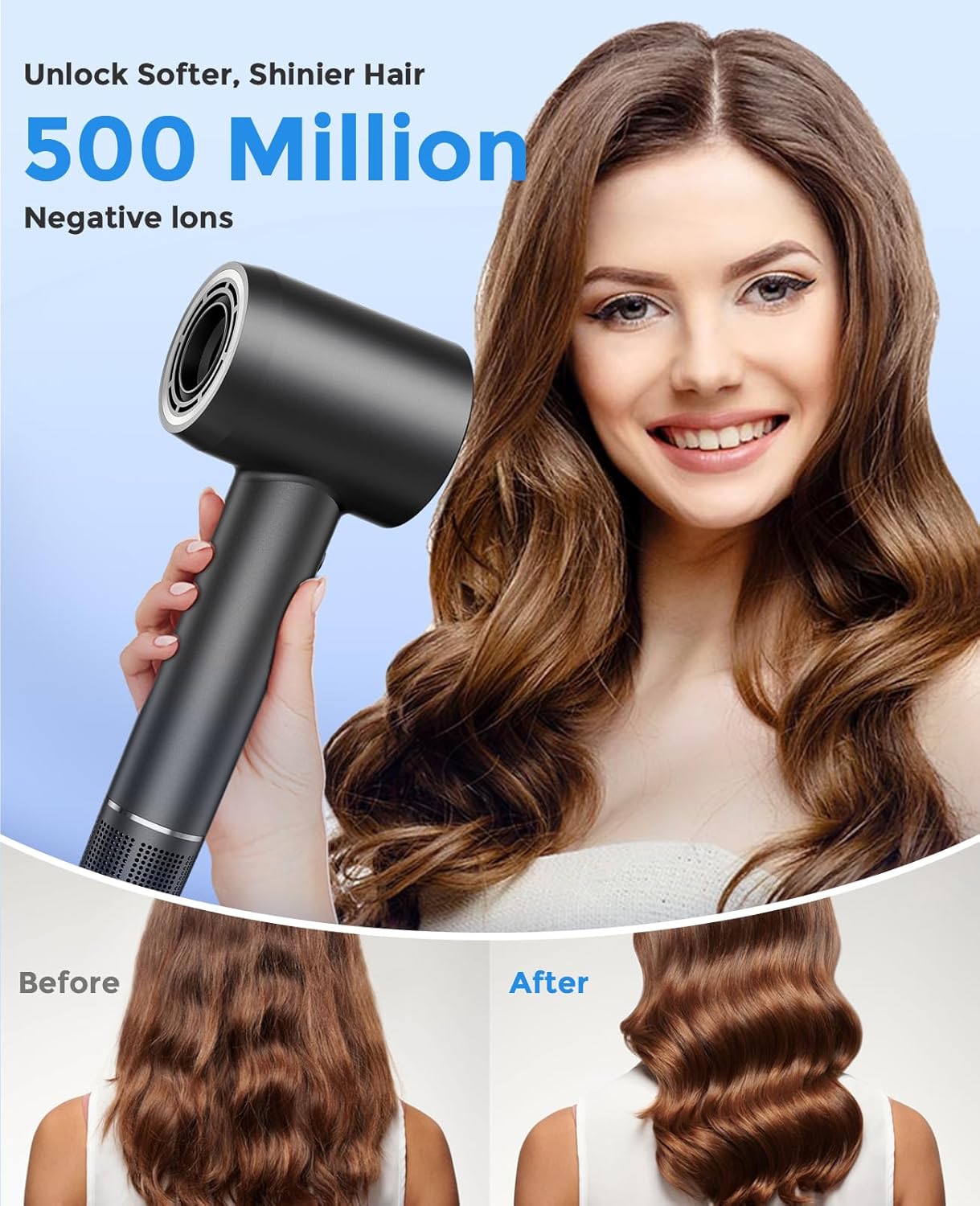 Hair Dryer, Negative Ionic Blow Dryer with 160000 RPM Professional High-Speed Blow Dryer, Brushless Motor for Fast Drying, Low Noise Thermo-Control Hairdryer with Magnetic Nozzle (Black) - Image 4