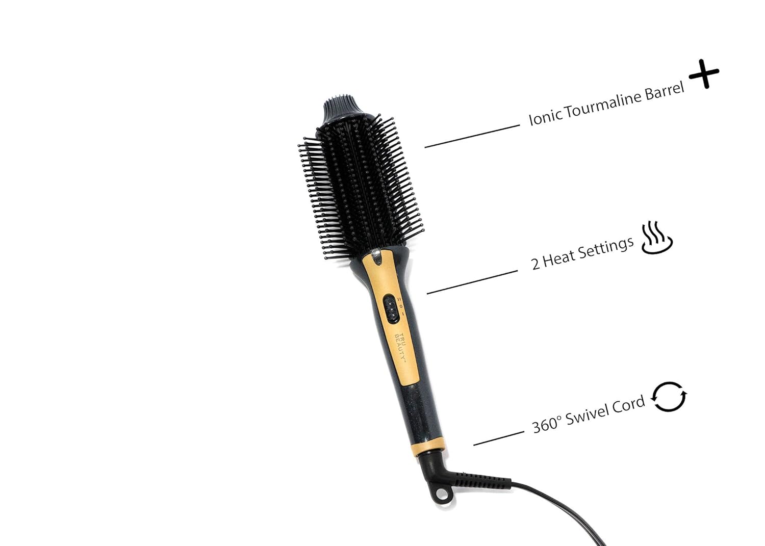 Tru Beauty 2-in-1 Hot Styling Brush, Ionic Tourmaline Barrel, 2 Heat Settings, Swivel Cord - Black/Gold - Image 2