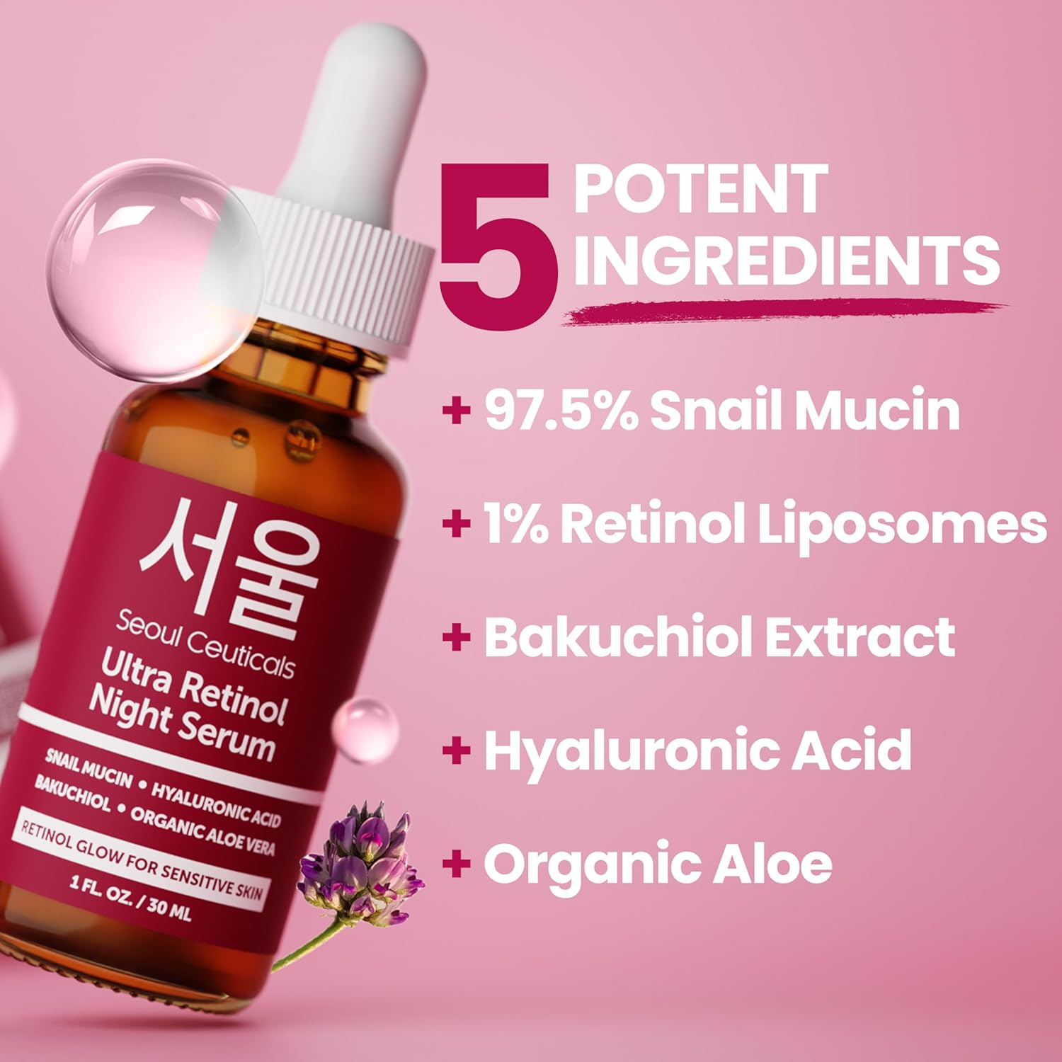 SeoulCeuticals 1% Korean Retinol Night Serum for Face - 97.5% Snail Mucin + Hyaluronic Acid + Bakuchiol, Cruelty Free K Beauty for Sensitive Skin 1oz - Image 3