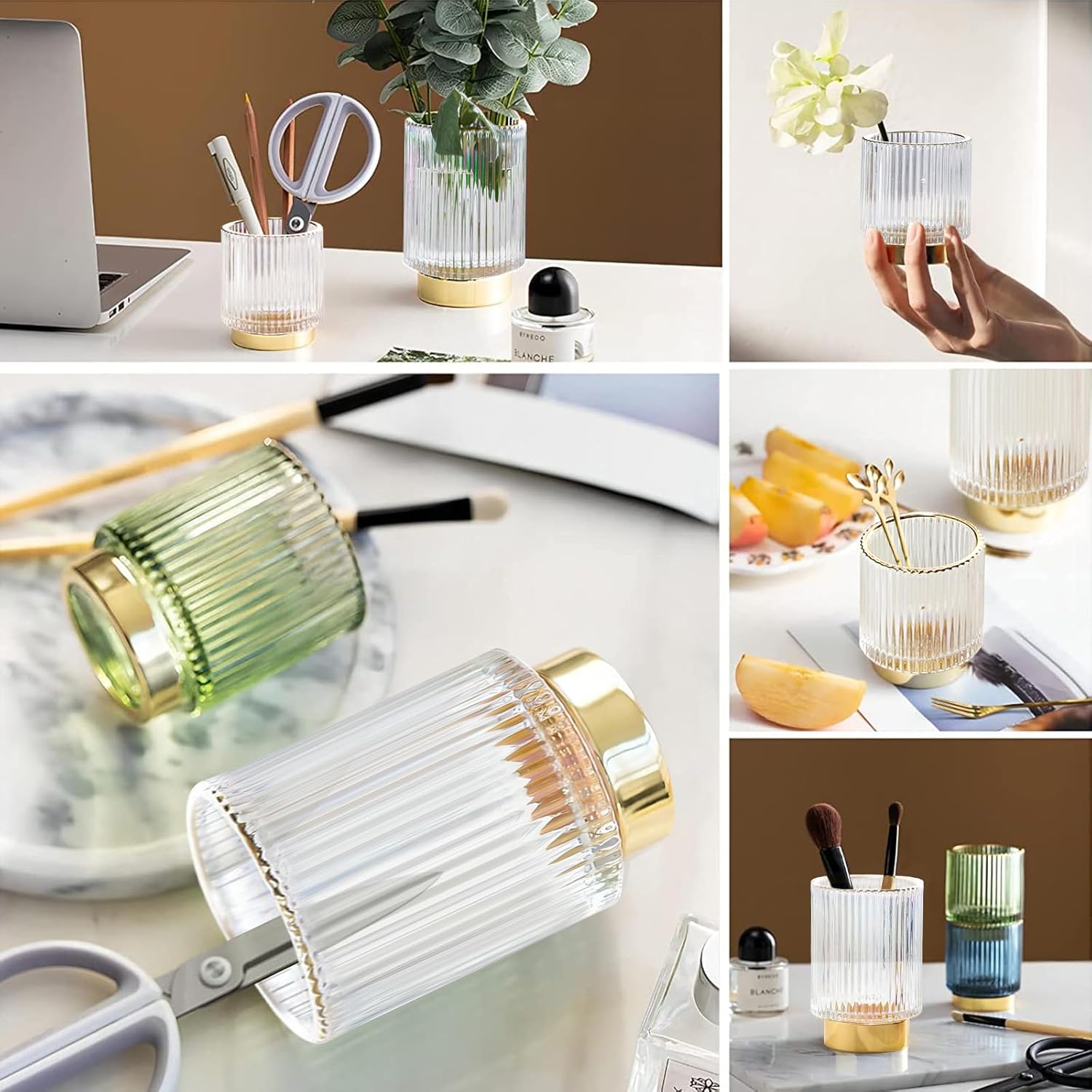 DASITON Makeup Brush holder Organizer,Crystal Cosmetic Makeup Brush Glass Brushes Storage Holder, Vintage Make Up Brush Cup Pen Pencil Holder striped vase(Clear S+L) - Image 3