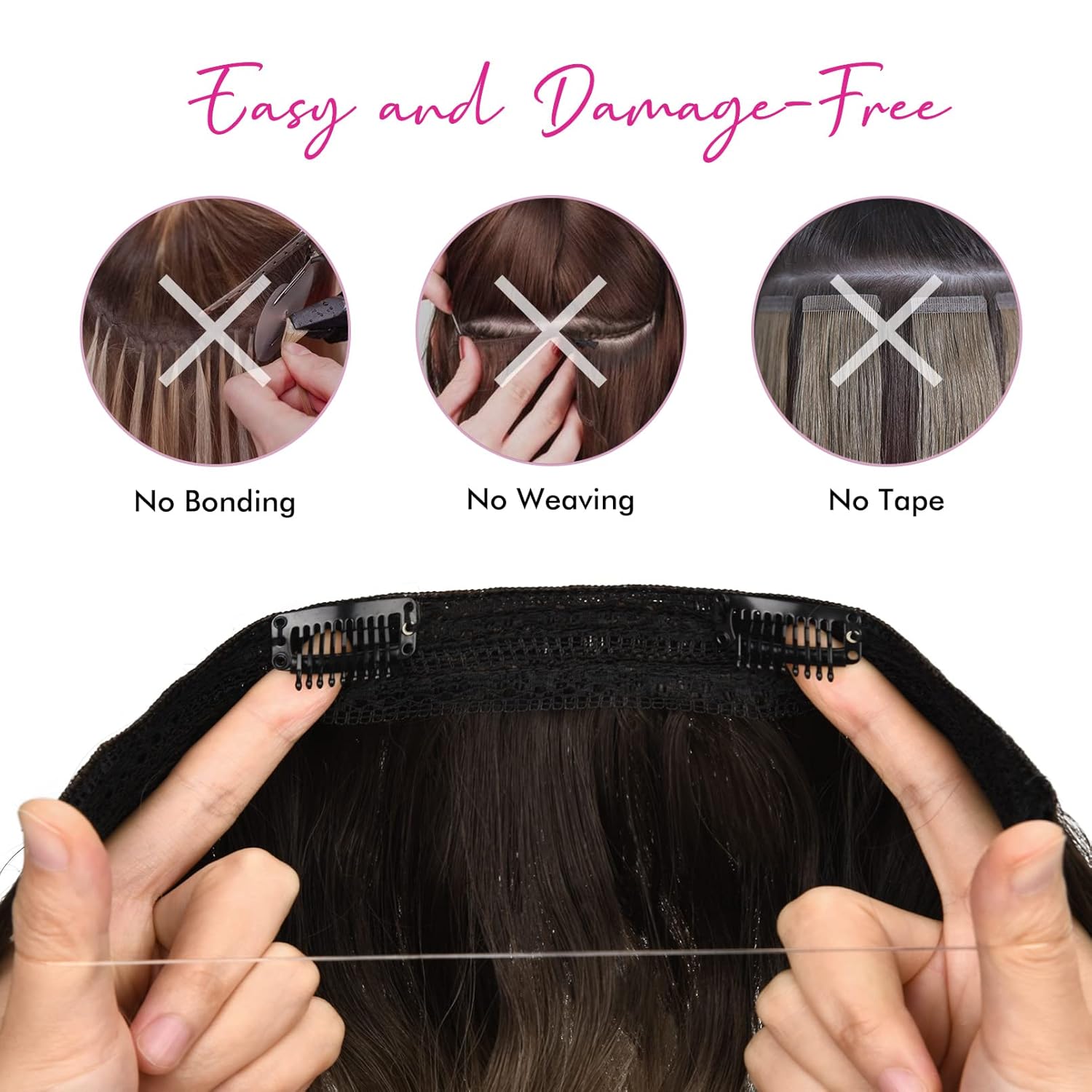 REECHO 12 Inch Invisible Wire Hair Extensions Chocolate Brown Blonde Highlights Single Pack - Image 3