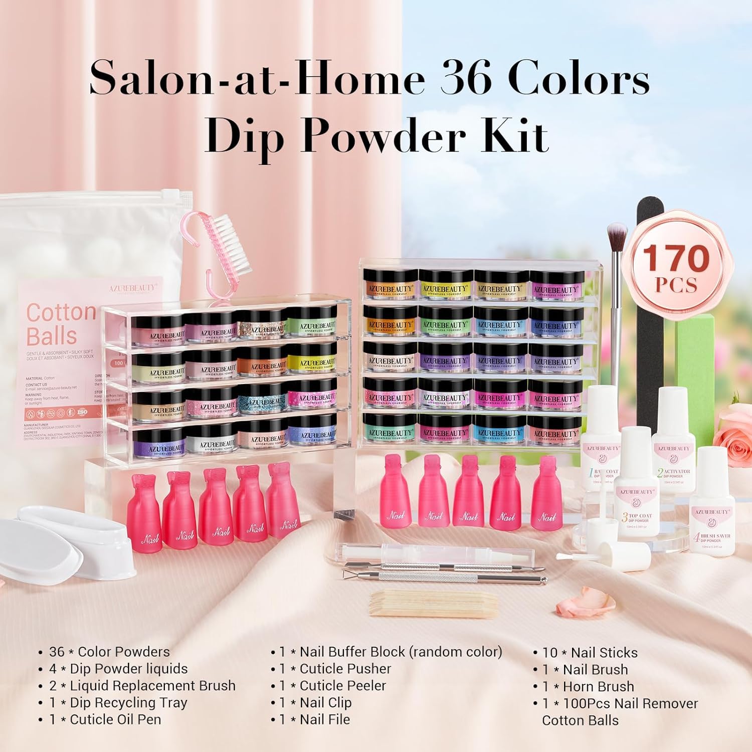 AZUREBEAUTY 170 Piece Dip Powder Nail Kit 36 Neon Colors Liquid Set for DIY Home Use - Image 6