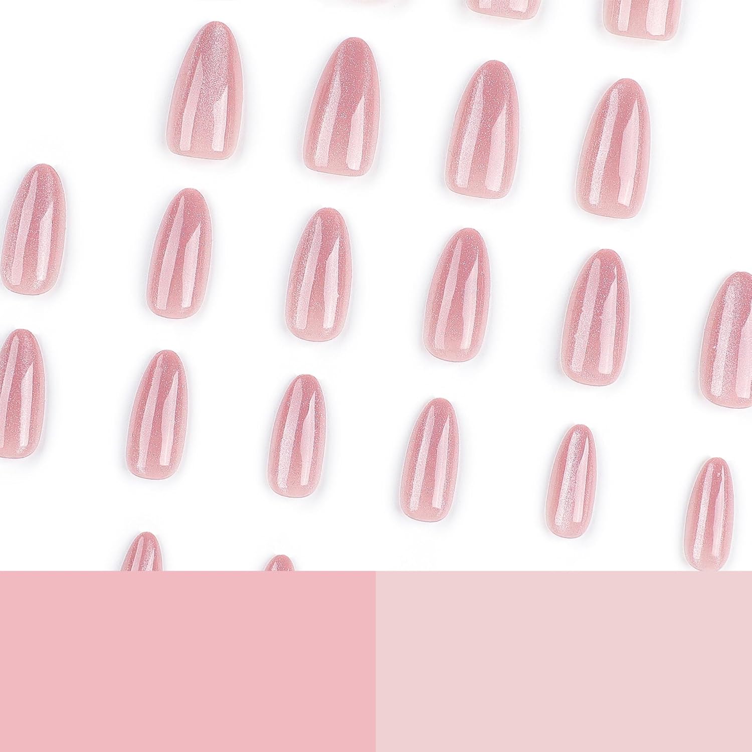 Almond Press on Nails Medium Fake Nails Pink False Nails with Design Glitter Glue on Nails Glossy Acrylic Nails Full Cover Stick on Nails Shiny Artificial Nails for Women Manicure 24Pcs - Image 3