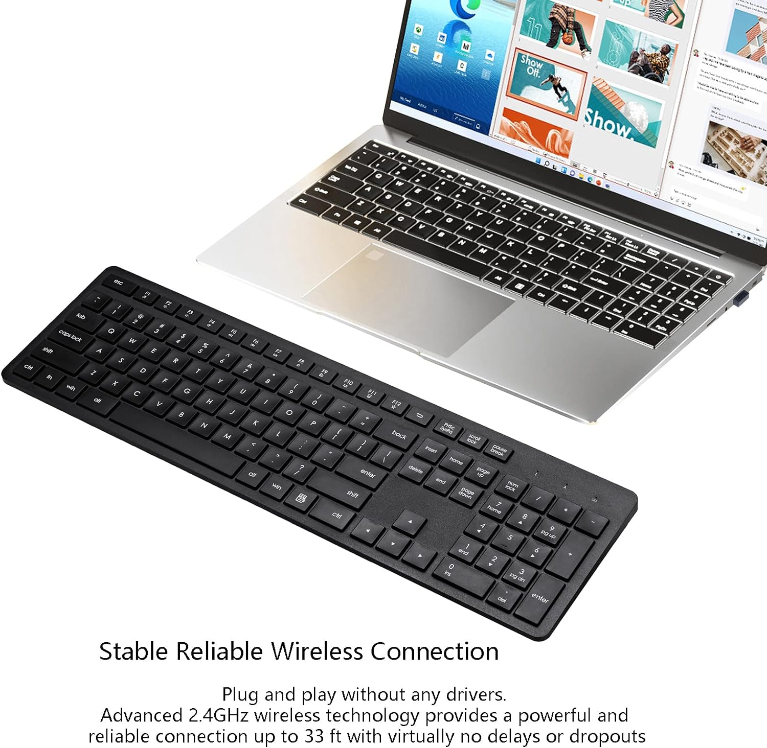 Wireless Keyboard, 2.4G USB External Silent Cordless Keyboard for Windows Chrome Laptop Computer PC Desktop Notebook Chromebook, 106 Keys Full Size with Number Pad (Black) - Image 2