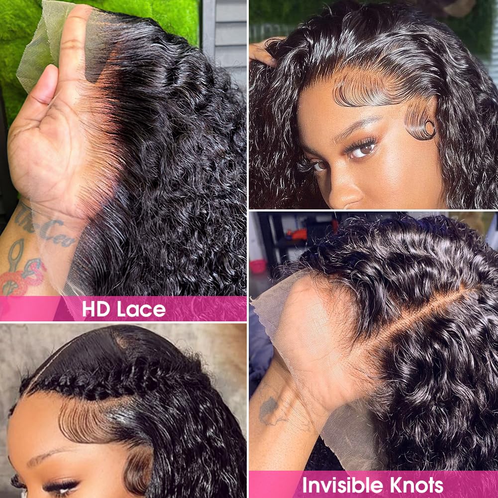 Pizazz 13x4 HD Transparent Lace Front Wigs Human Hair Pre plucked Bleached Knots with Baby Hair 12A 180 Density Brazilian Deep Wave Frontal Wigs for Black Women(26 Inch, Black color) - Image 4