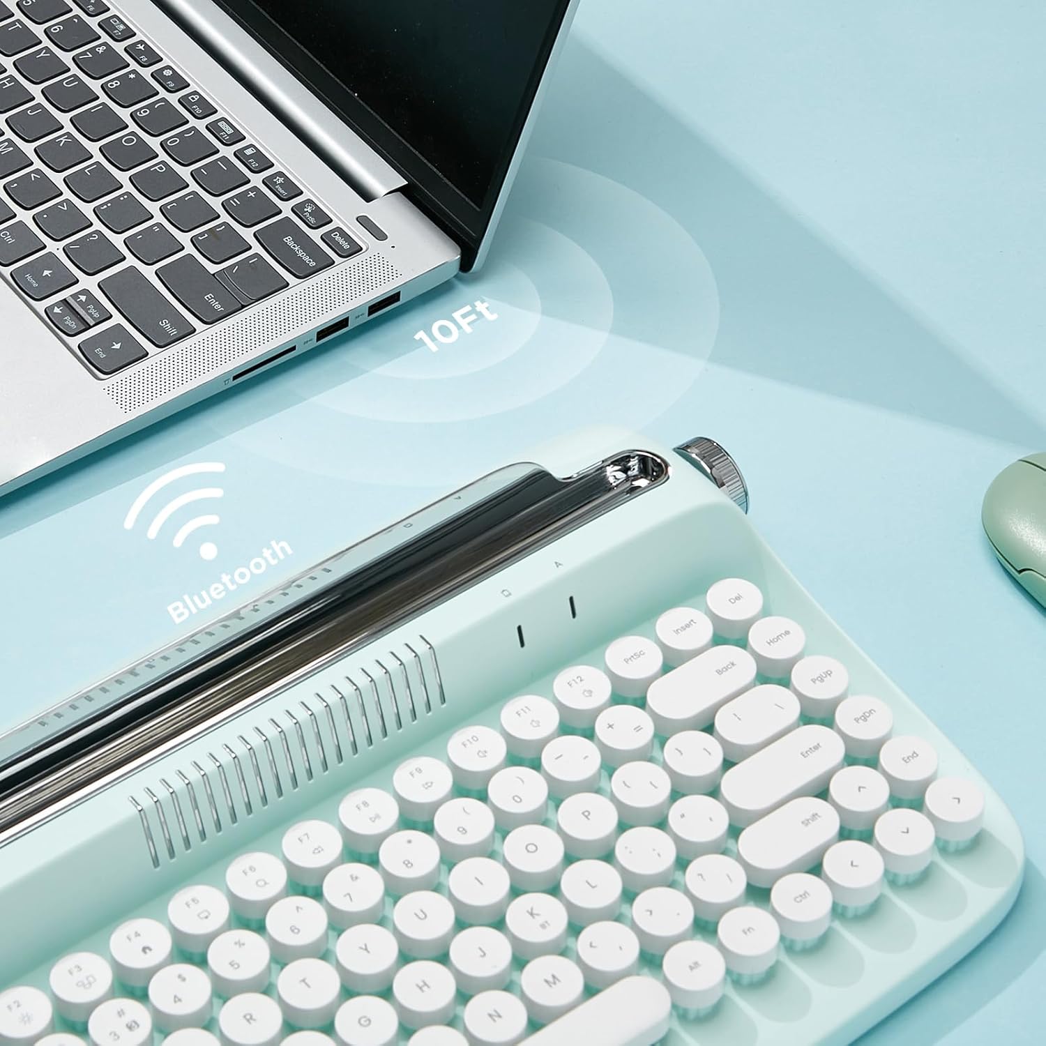 YUNZII ACTTO B303 Wireless Typewriter Keyboard, Bluetooth Connection, Cute Retro Aesthetic Design with Integrated Stand for Tablet, Phone, PC and Win/Mac/Android (B303, Sweet Mint) - Image 3