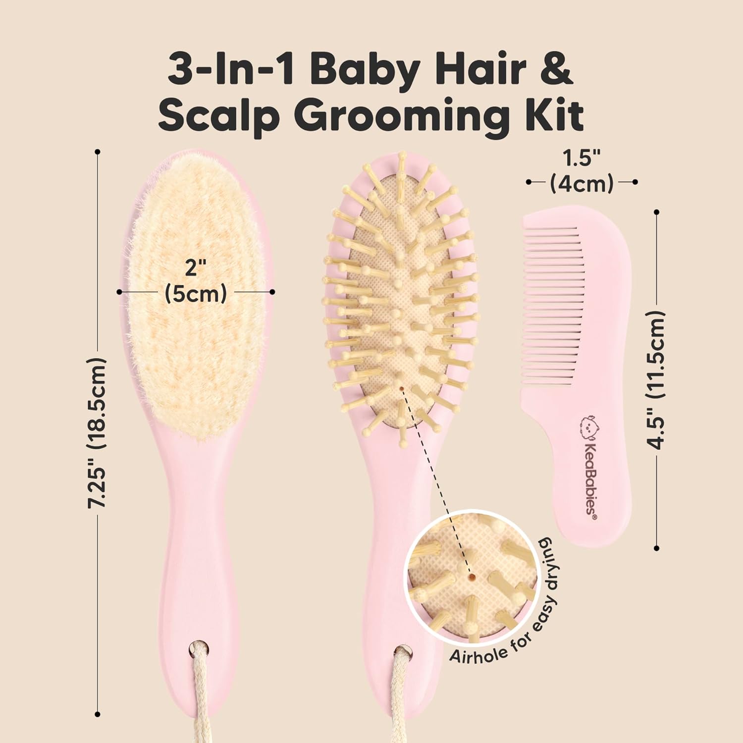 Baby Hair Brush and Comb Set for Newborn - Wooden Baby Hair Brush Set with Soft Goat Bristle, Baby Brush Set for Newborns, Baby Brush and Comb Set Girl, Boy, Toddler Cradle Cap Brush (Oval, Blush) - Image 2