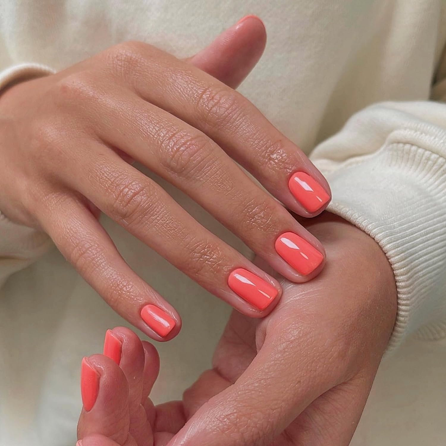 Short Square Press on Nails Orange,KQueenest Spring Gel Fake Nails Pure Color Natural Petite Nails Solid Stick on Nails for Daily Office Manicure - Image 2