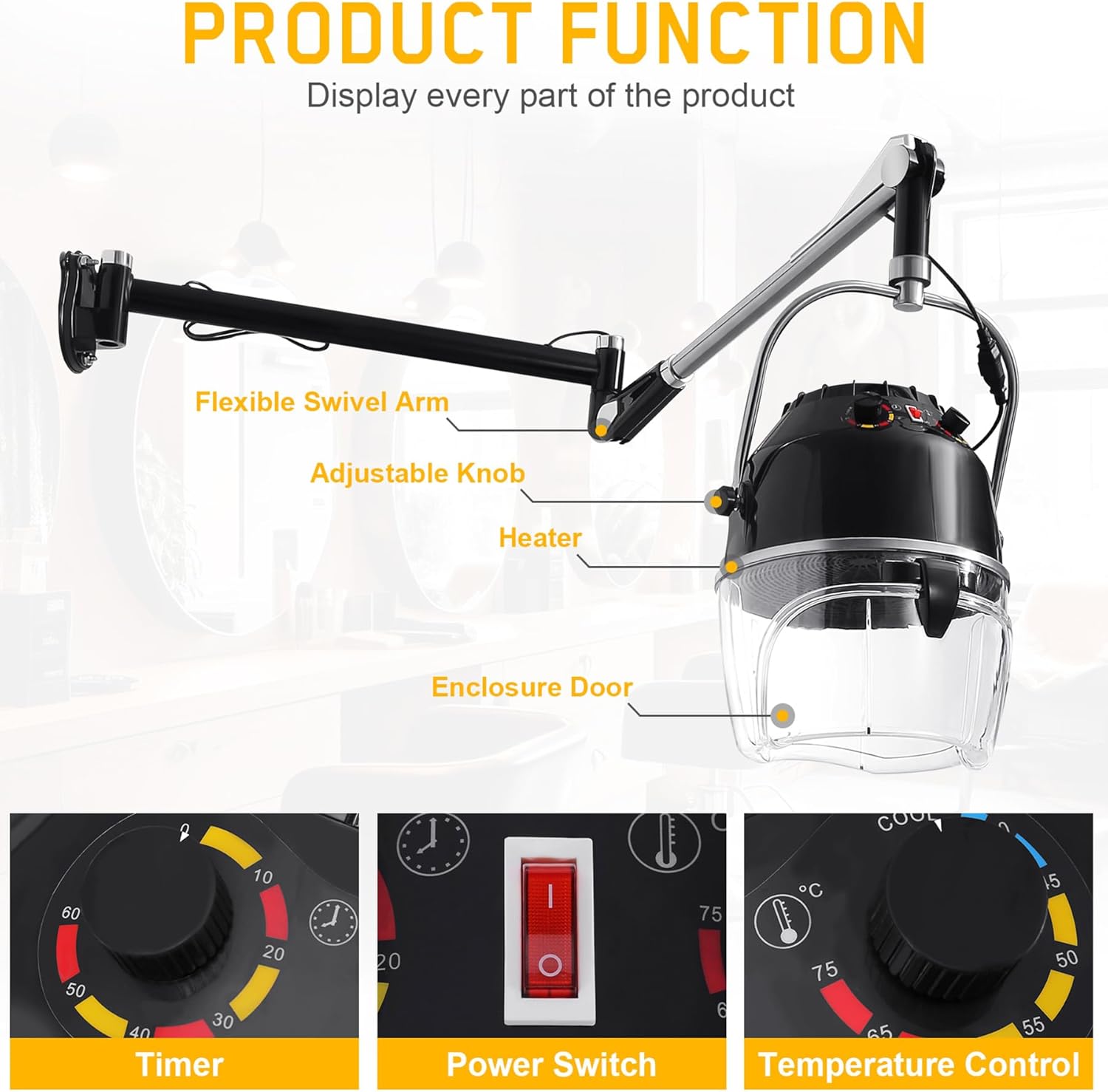 Professional 900W Wall Mounted Hair Dryer with Swivel Arm, Fast Hair Drying Low Noise for Salon, Adjustable Termperature 5-70°C Timer 0-60 Min Hairdryers Black - Image 9