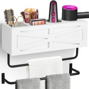 Hair Dryer Holder Wall Mount, Wood Hair Tool Organizer, White Hot Tools Organizer with 2 Towel Bars, Rustic Bathroom Organizer Blow Dryer Holder for Bathroom Decor, Flat Iron, Curling Wand, Brushes