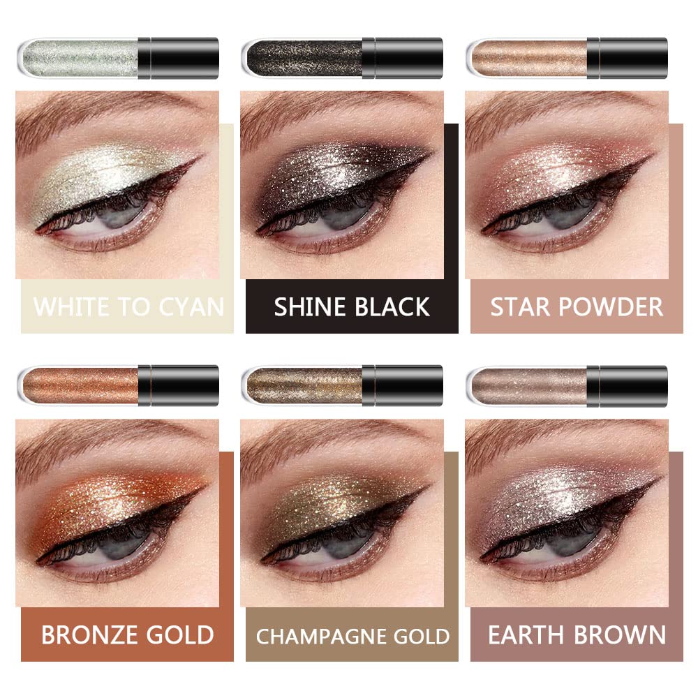 evpct 6 Colors Gold Liquid Glitter Shimmer Eyeshadow Set for Eyes Silver Shimmer Sparkle Shiny Light Glitter Metallic Pigment Colorful Eye Shadow Liner Makeup Palette Kit Quick Drying Longwearing A - Image 2