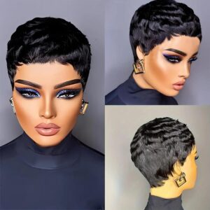 Pixie Cut Wig for Black Women Human Hair 1B Short Wigs for Women Human Hair Brazilian Real Human Hair Glueless Wig Black Short Layered Wigs with Bangs Full Machine Made Wig (Black)