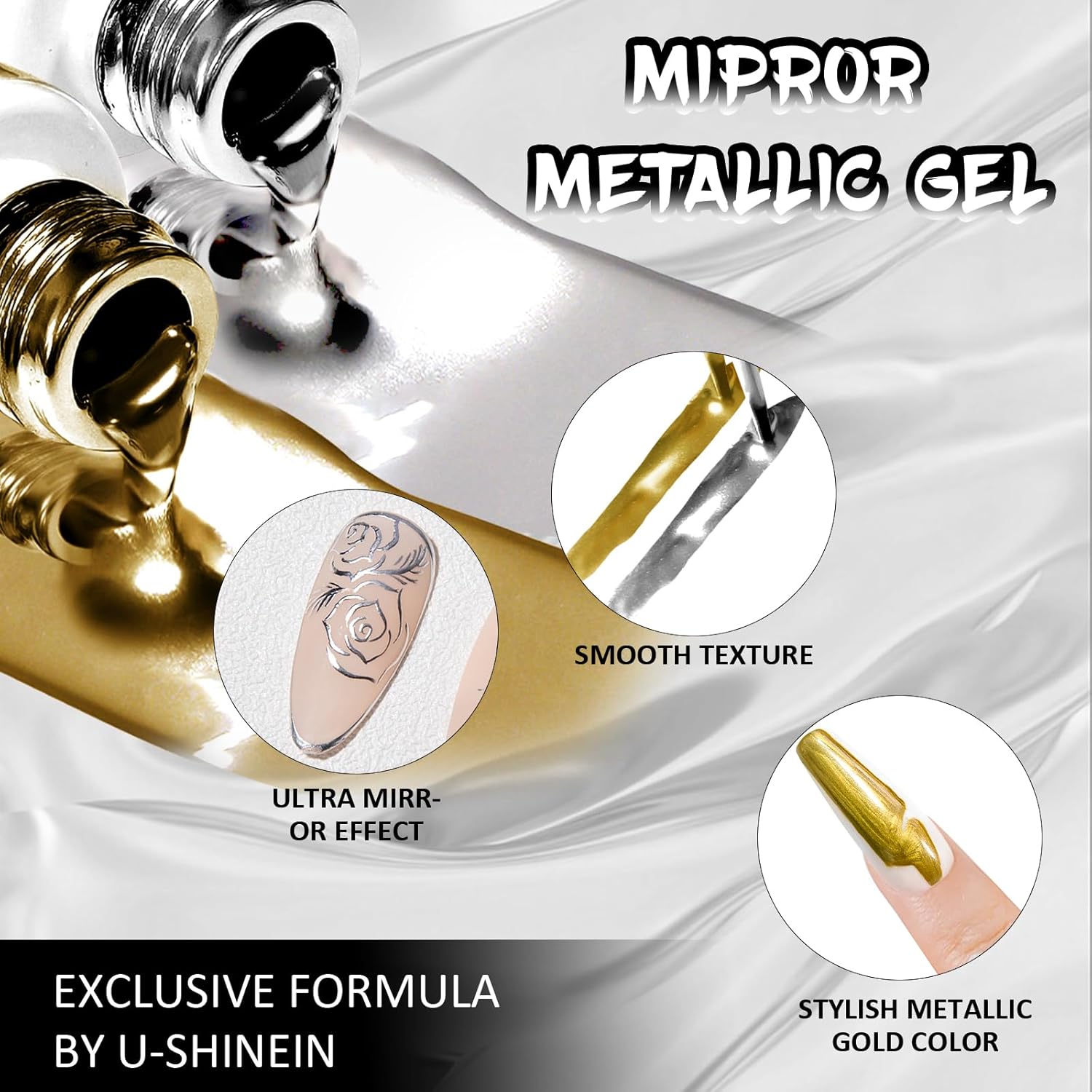 2x12ml Metallic Mirror Nail Polish, Ultra Mirror Silver & Gold Metal Painted Drawing with Thin Brush, Chrome Gel Polish Nail Art Gel Liner Soak Off DIY - Image 3