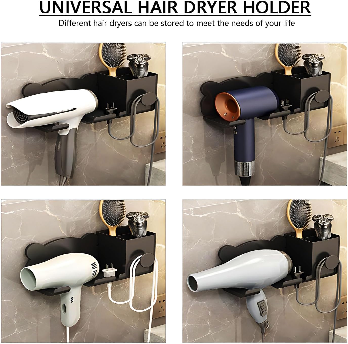 Universal Hair Dryer Holder, Blow Dryer Hanger Wall Mount for Hair Dryer Hook with Plug&Cord Organizer Self Adhesive for Cabinet Bathroom, black, LZ-001 - Image 2