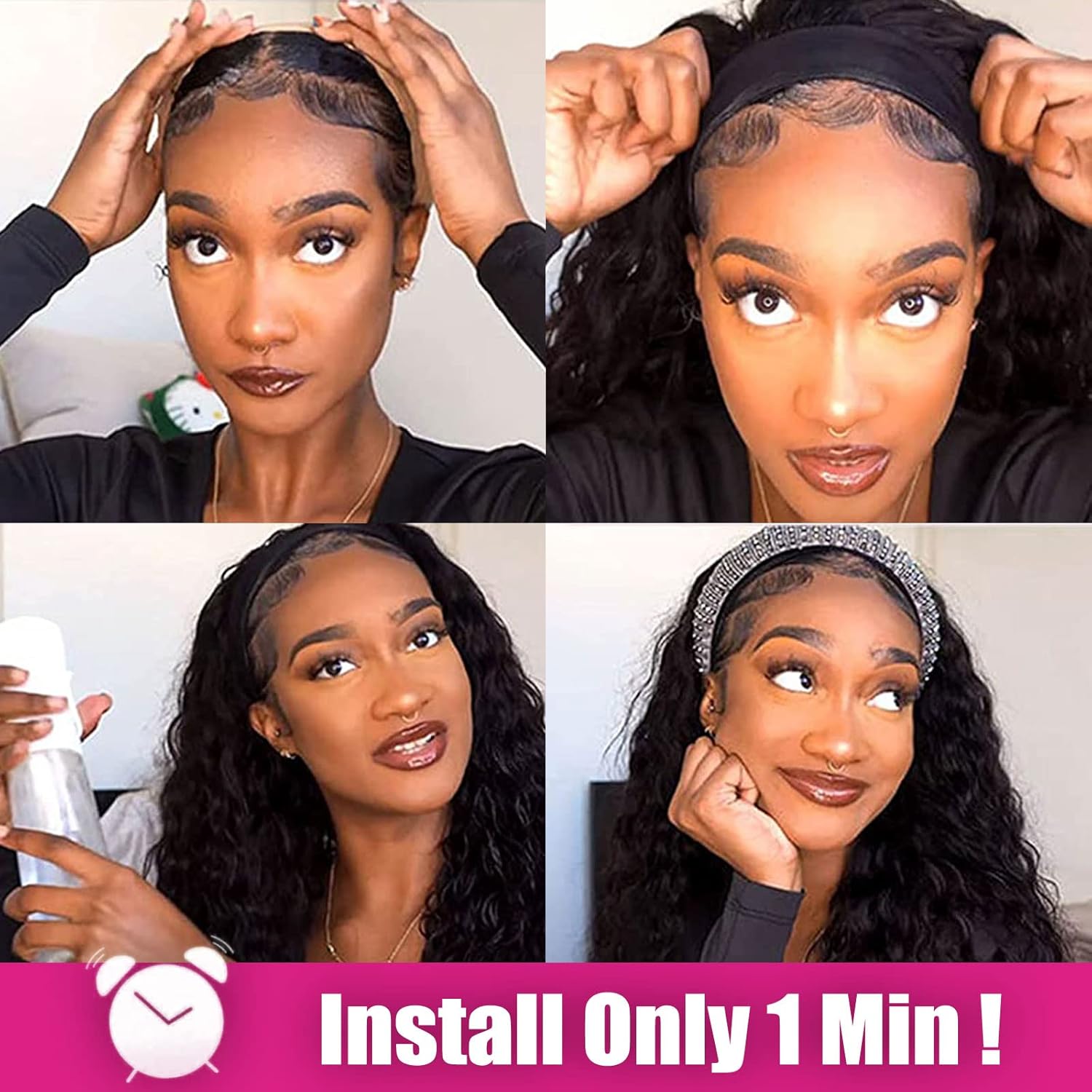 AISI QUEENS Headband Wig Human Hair For Black Women Curly Wigs Glueless Human Hair Short Curly Headband Wigs (12 Inch, Curly Headband Wigs) - Image 3