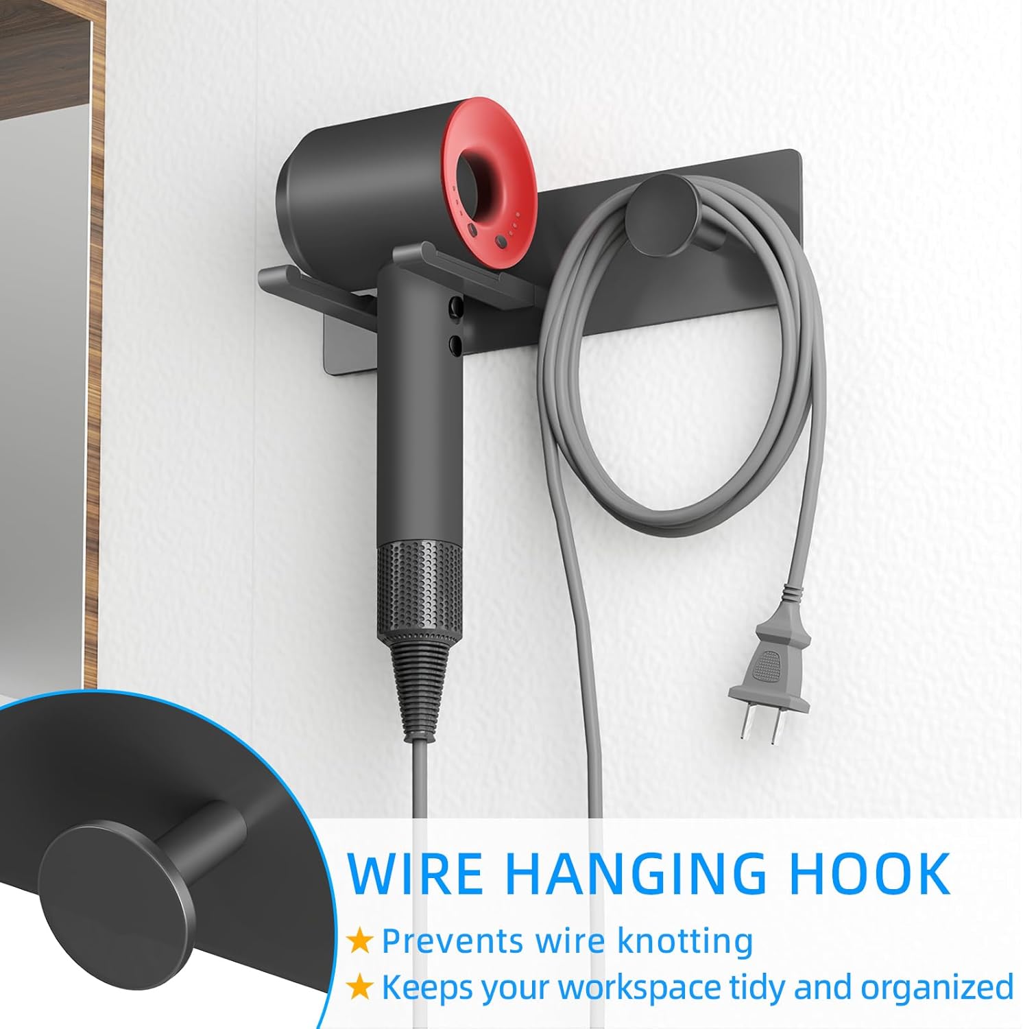 Self Adhesive Hair Dryer Holder Wall Mounted-Bathroom Hair Blow Dryer Rack Organizer Compatible with Supersonic Hair Dryers, Matte Black - Image 4