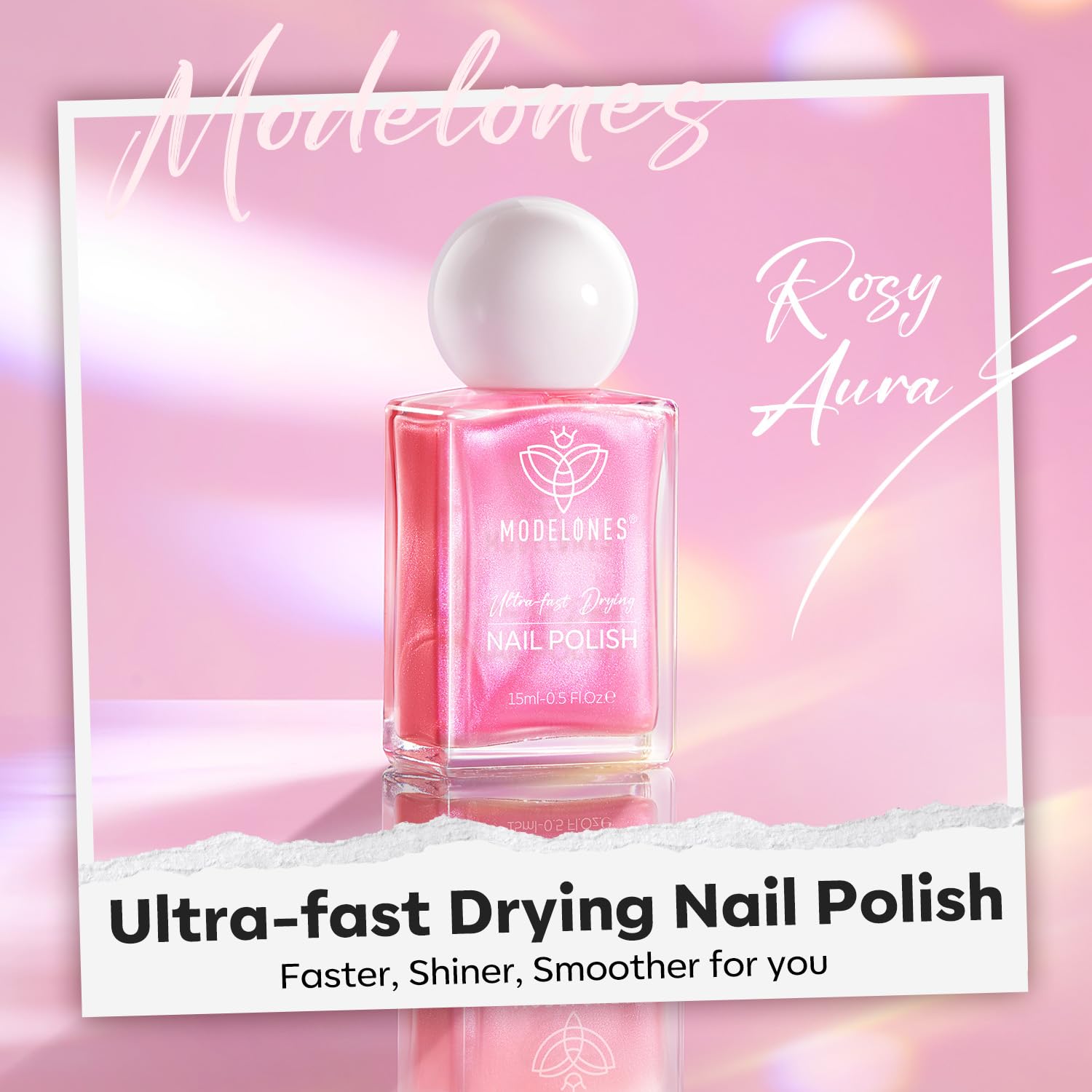 modelones Shine Pink Nail Polish, 15ml Shimmer Pearl Pink Nail Polish Quick Dry Nail Lacquer Strengthener Long Last Shine Fingernail Toe Nail Art DIY Home Travel Manicure Gift for Women Girls - Image 2