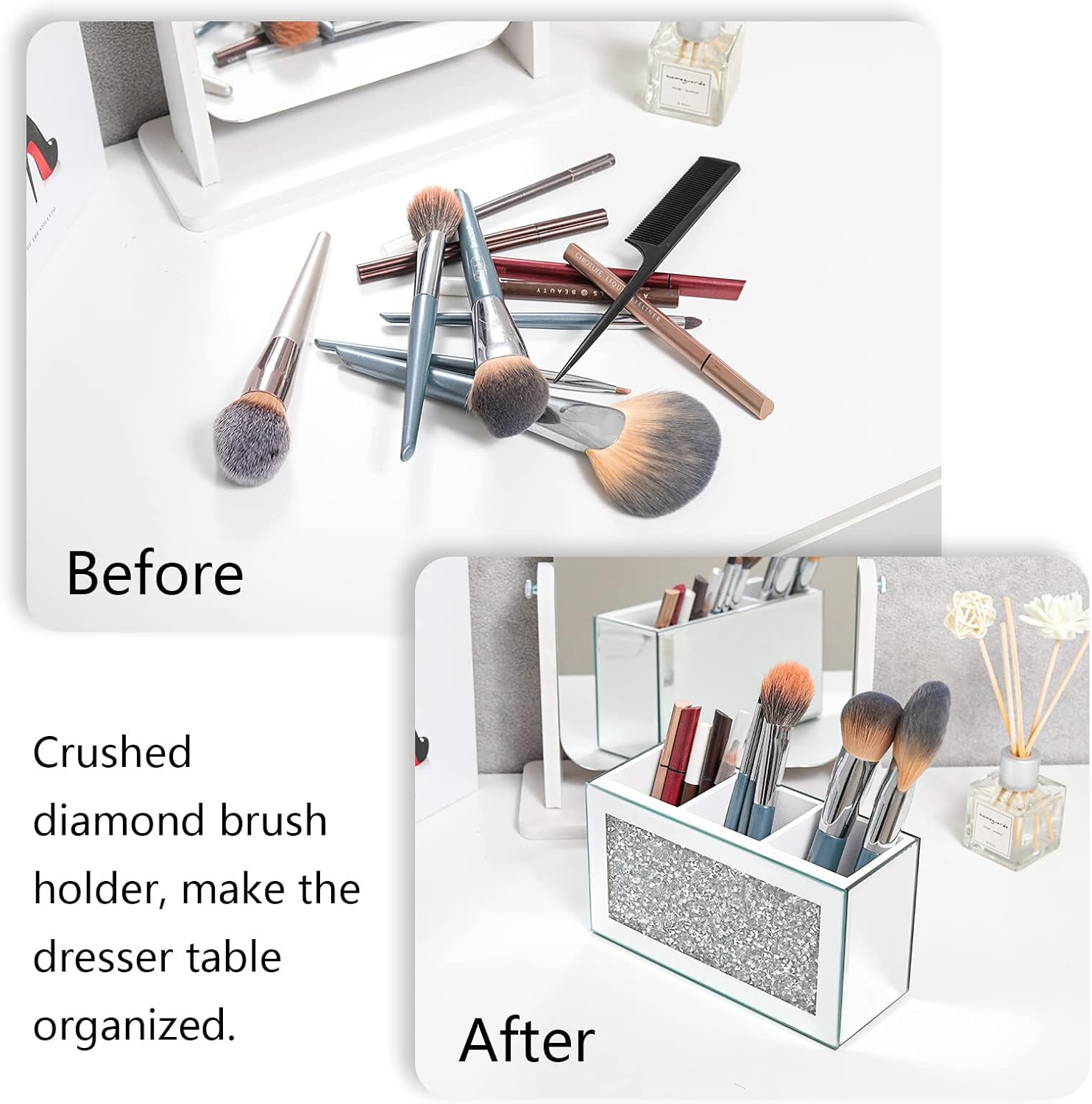 SWTHONY Silver Makeup Brush Holder Organizer, Bling 3 Slot Crushed Diamond Crystal Mirrored Cosmetic Brushes Storage, Eyeliners Eyebrow Pencil Display Case - Image 4