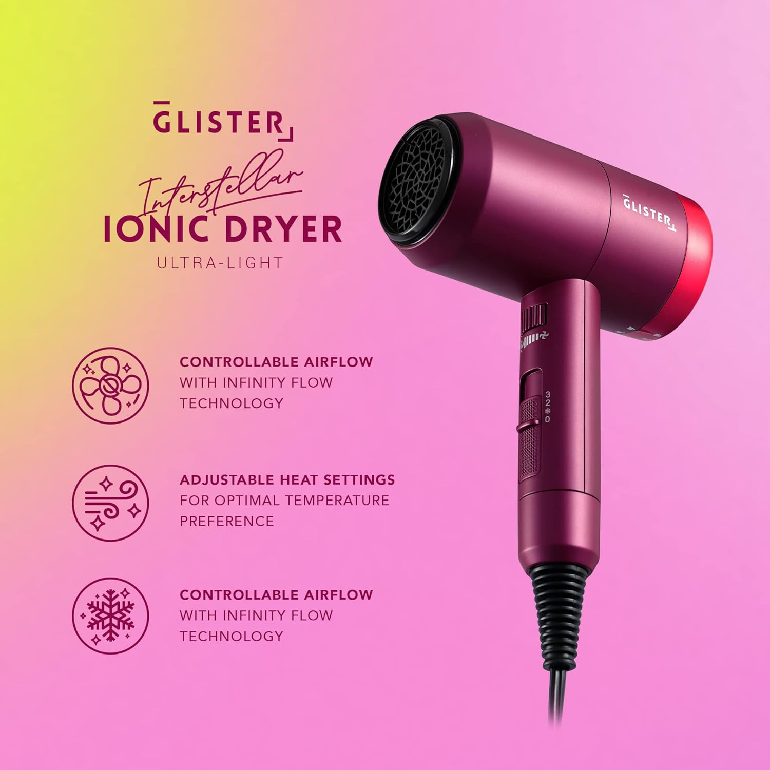 Glister Interstellar, Lightweight Blow Dryer, Fast Drying Negative Ion Hairdryer Blowdryer, 3 Heat Settings & Infinity Speed, with Diffuser and Concentrator Nozzle for Home & Travel - (Red) - Image 6