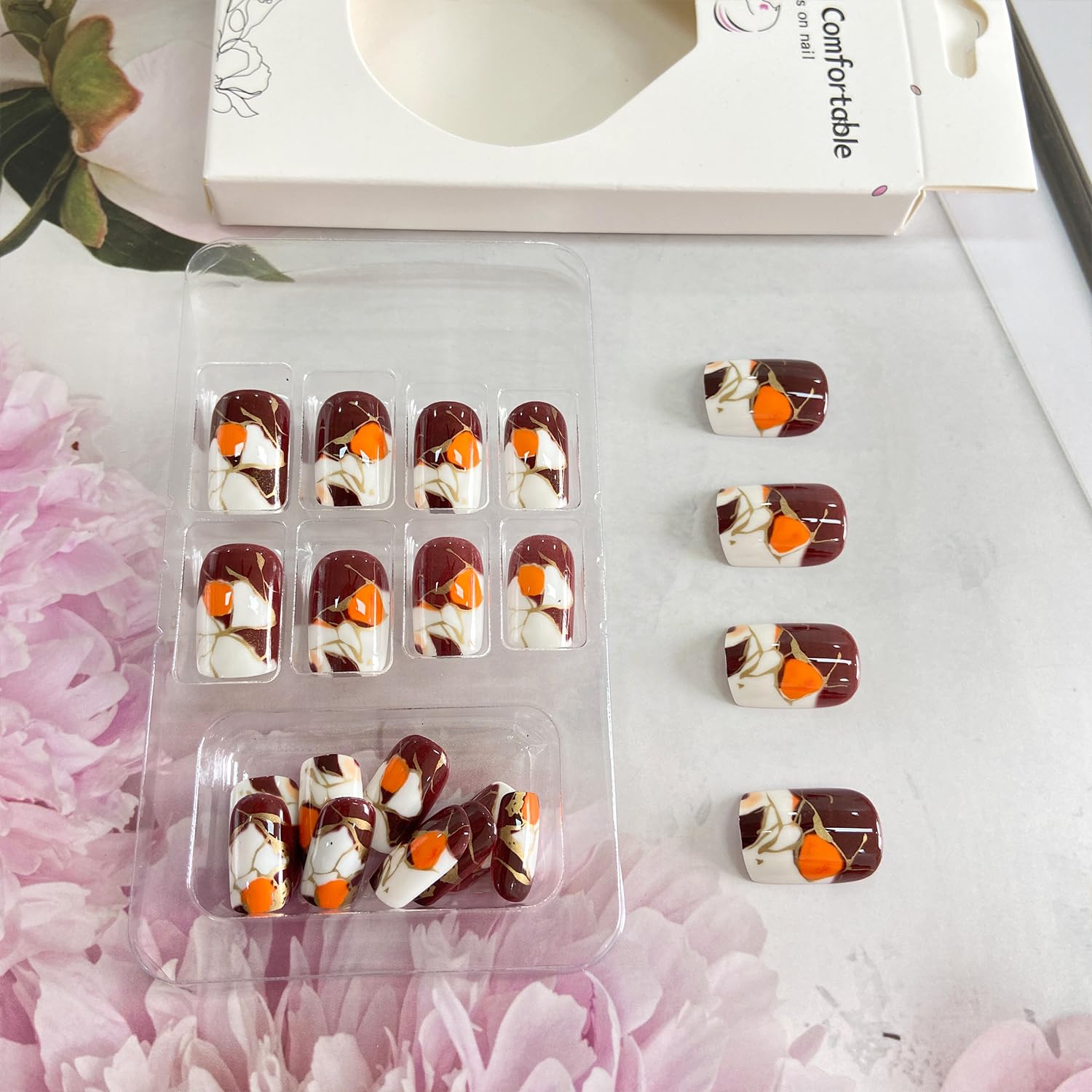 Short Square Press on Nails with Designs Marble Texture Fake Nails Acrylic Glue on Nails Brown False Nails Glossy Full Cover Stick on Nails for Women Artificial Nails 24 Pcs - Image 5