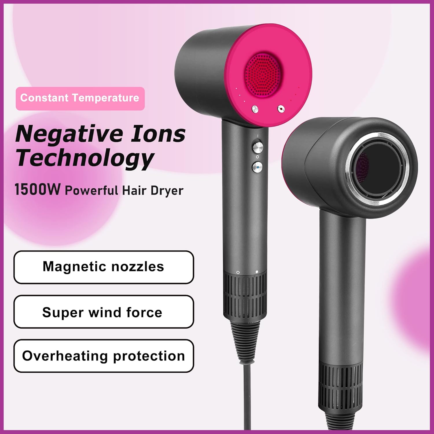 Gray 110,000 RPM Brushless Motor High-Speed Hair Dryer with Diffuser and Magnetic Nozzles - Image 3