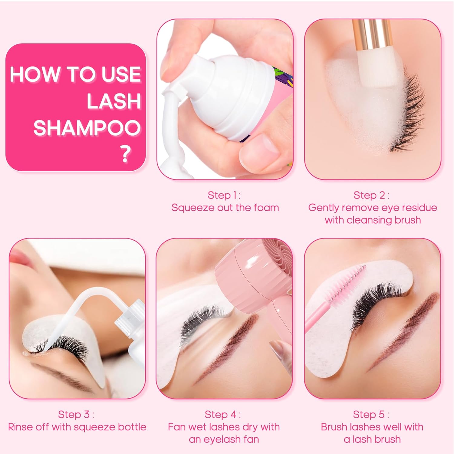 Buqikma Lash Cleaning Kit - Lash Shampoo Kit Eyelash Extension Cleanser for Extensions 60ML with Rechargeable Handheld Lash Fan Dryer Mascara Brush Rinse Bottle Makeup Cleansing Foam for Lash Care - Image 6
