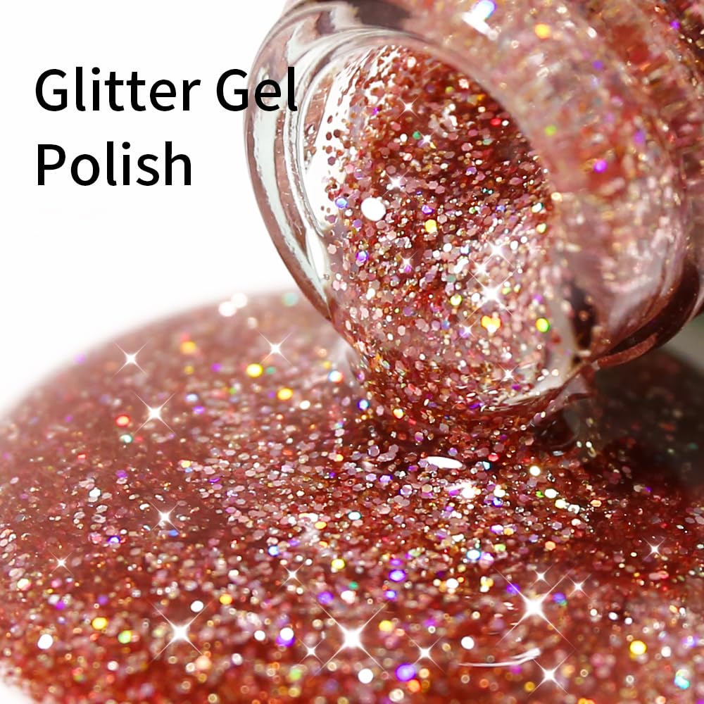 Glitter Rose Gold Gel Nail Polish, 1 Pcs 16ml Sparkly Rose Gold Soak Off UV/LED Gel Polish Manicure Salon DIY at Home - Image 2