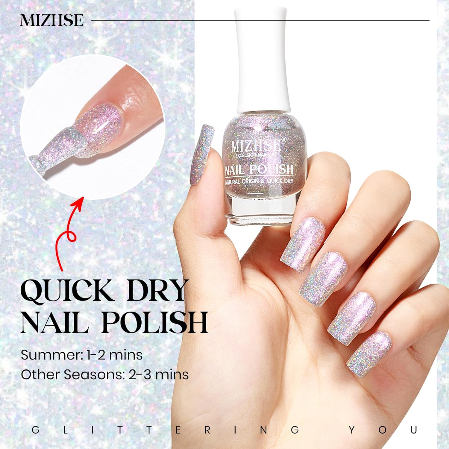 MIZHSE Rainbow Glitter Nail Polish, Quick Dry Iridescent Nail Polish, 15 ml 0.5 fl oz High Glossy Sparkle Shiny Nail Pigment Oil-based Nail Lacquer Nail Art Salon Manicure Home - Image 4