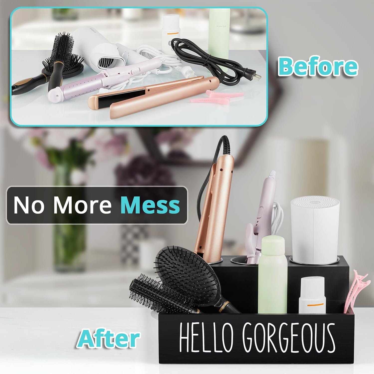 Wooden Hair Tool Organizer for Countertop or Wall Mount, Holds Blow Dryer and Curling Wand, Black - Image 4