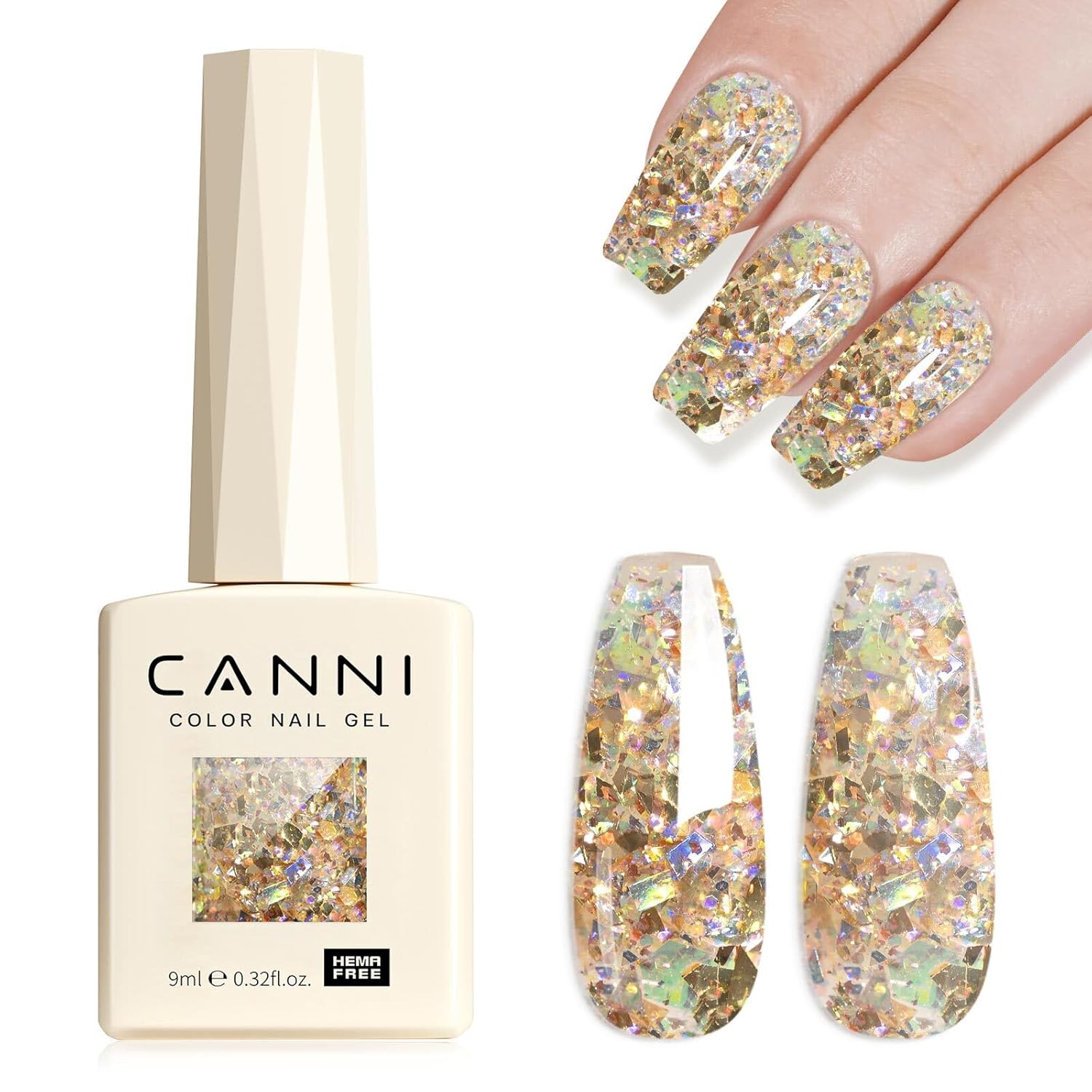 CANNI Glitter Gel Nail Polish 1pcs 9ml Broken Gold color Glitter Nail Polish Soak Off Uv LED Nail Lamp Prism Flash Series Nail Art Manicure Salon DIY Home