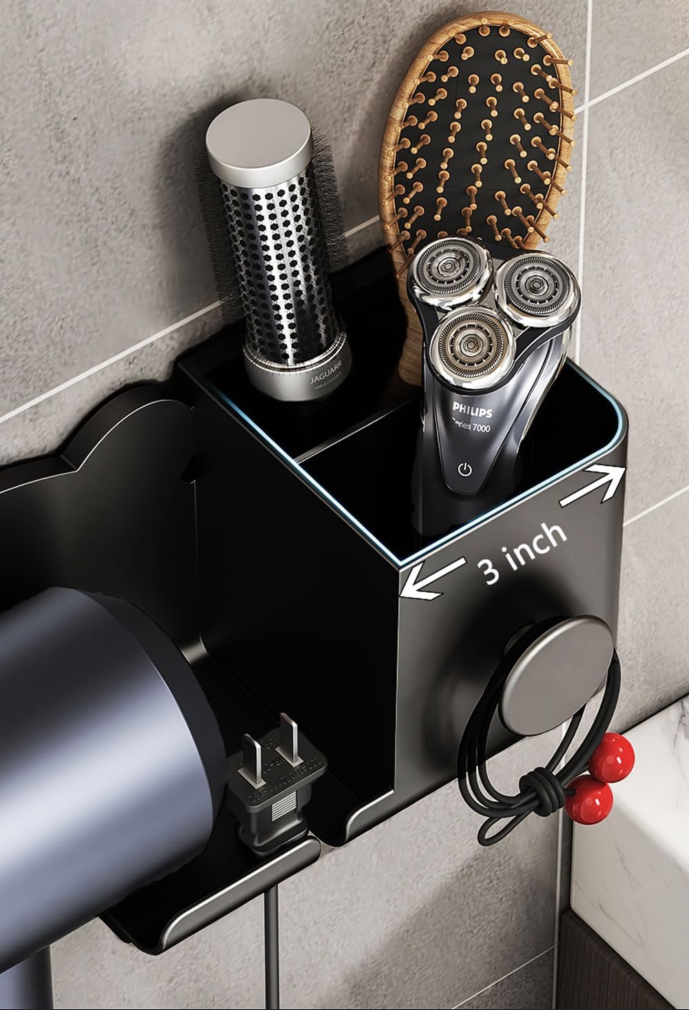 Universal Hair Dryer Holder, Blow Dryer Hanger Wall Mount for Hair Dryer Hook with Plug&Cord Organizer Self Adhesive for Cabinet Bathroom, black, LZ-001 - Image 7