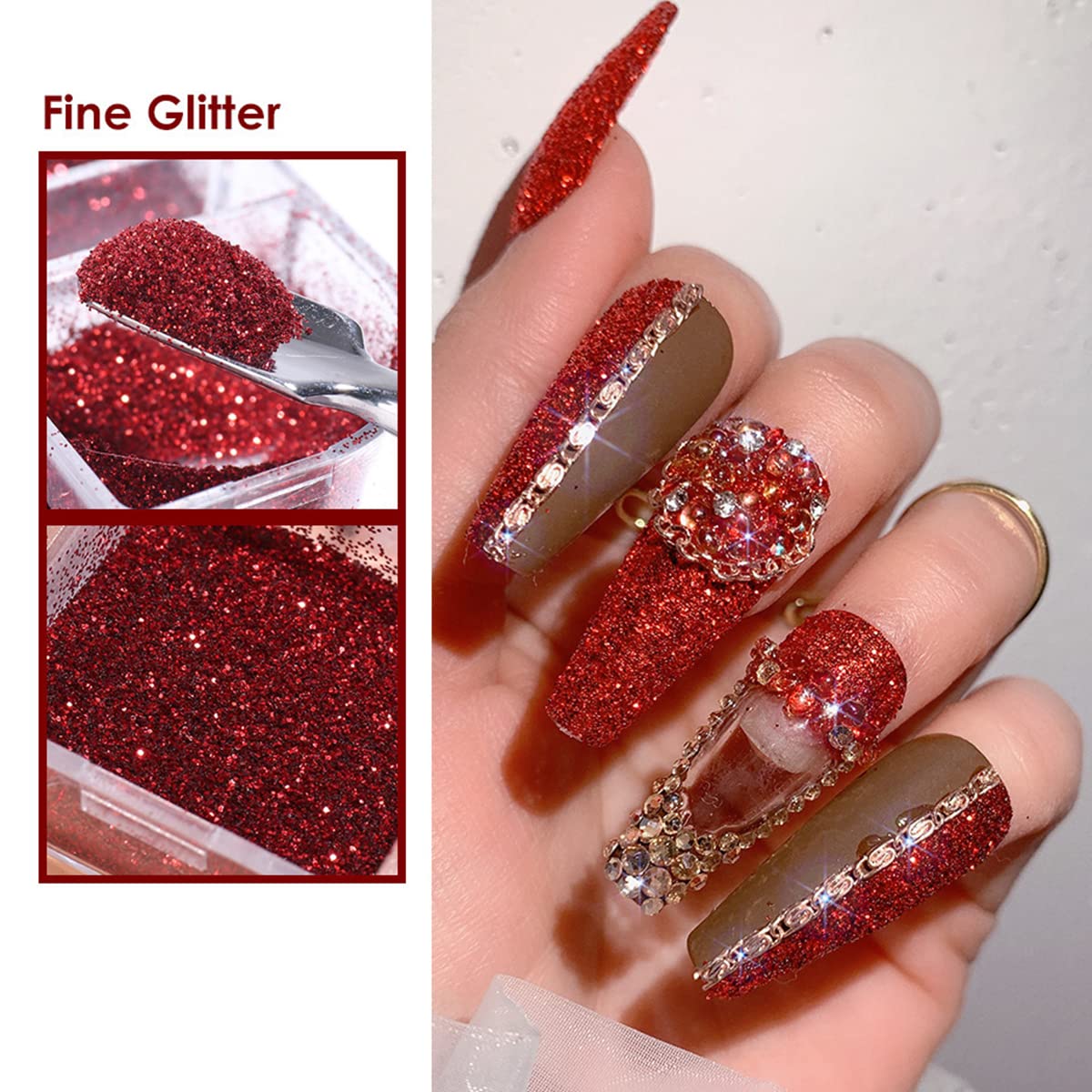 Nail Art Glitter Sequins 6 Boxes Red Crystal Diamond Nail Powder 3D Holographic Nail Art Powder Shiny Flakes Acrylic Nail Glitters Set for Valentine's Day Nail Decoration Manicure Tips Charms - Image 6