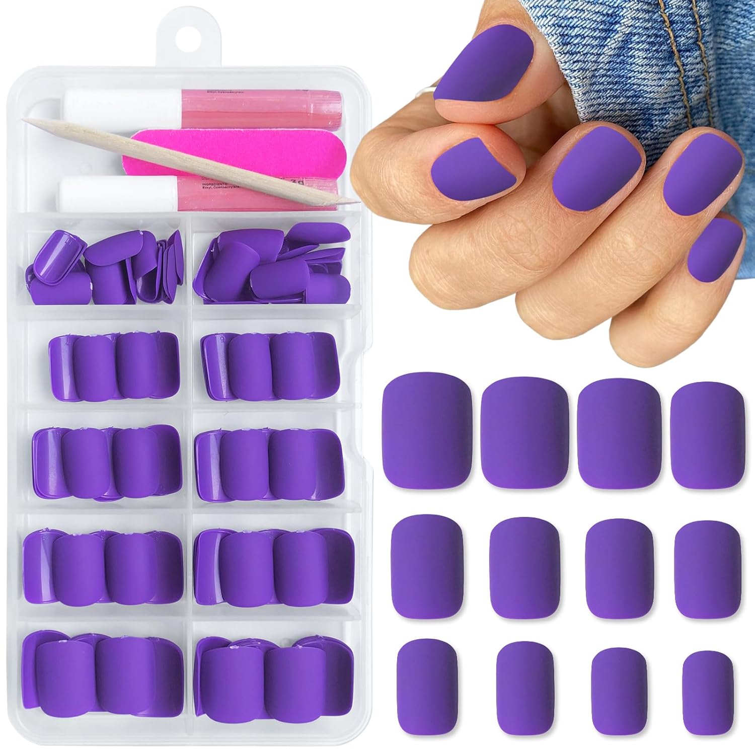 Short Square Matte Full Cover Press on Nails, 120Pcs Acrylic False Nails with Adhesive Tabs, Purple, for Women & Girls
