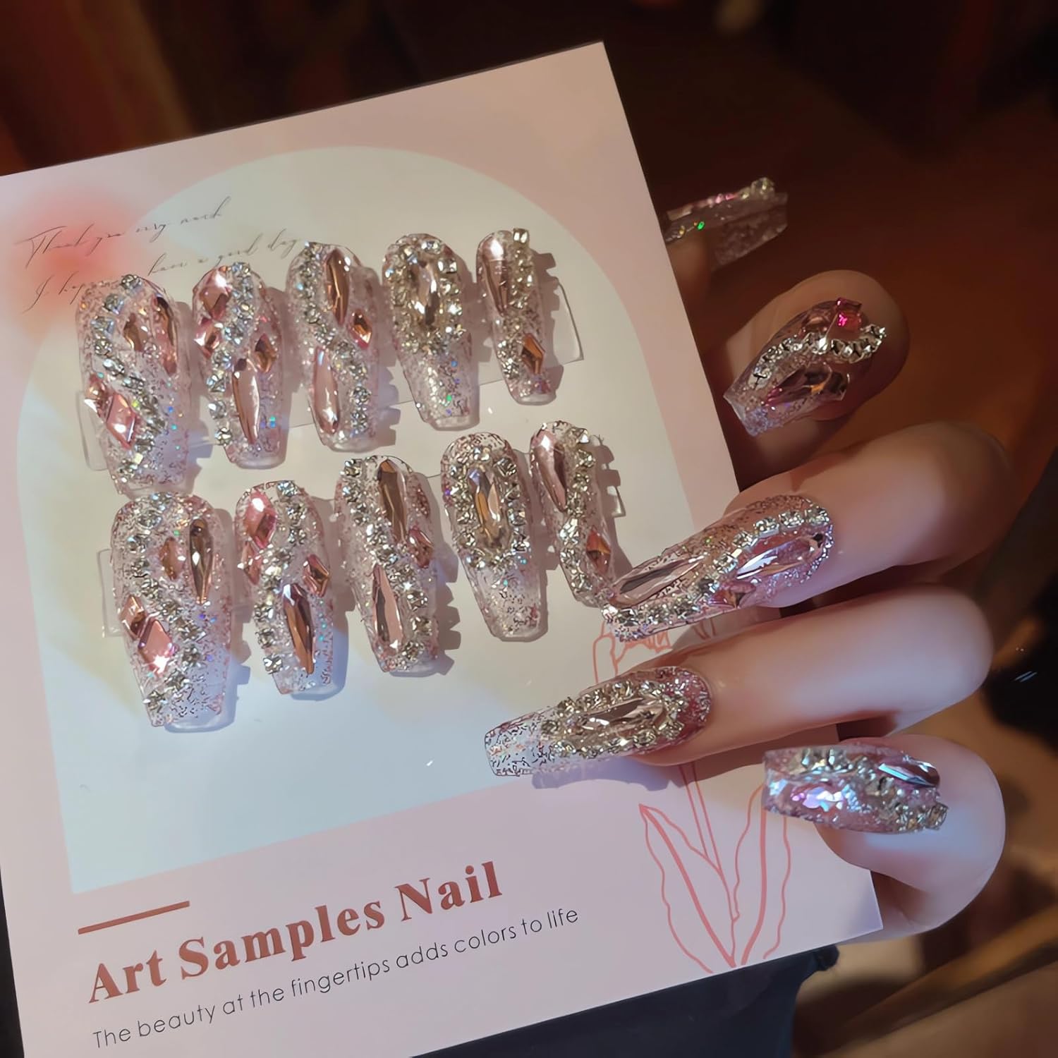 IMSOHOT Long Press on Nails Coffin Glitter Fake Nails Shiny Pink Rhinestone Full Cover False Nails Glue on Nails Luxury Ballerina Artificial Acrylic Nails for Women 24Pcs - Image 3
