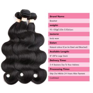 Body Wave 3 Bundles with Frontal Human Hair Unprocessed 100% Human Hair Natural Black Color 13x4 Lace Frontal with Bundles Virgin Human Hair Extensions(10 12 14 with 10 Frontal)