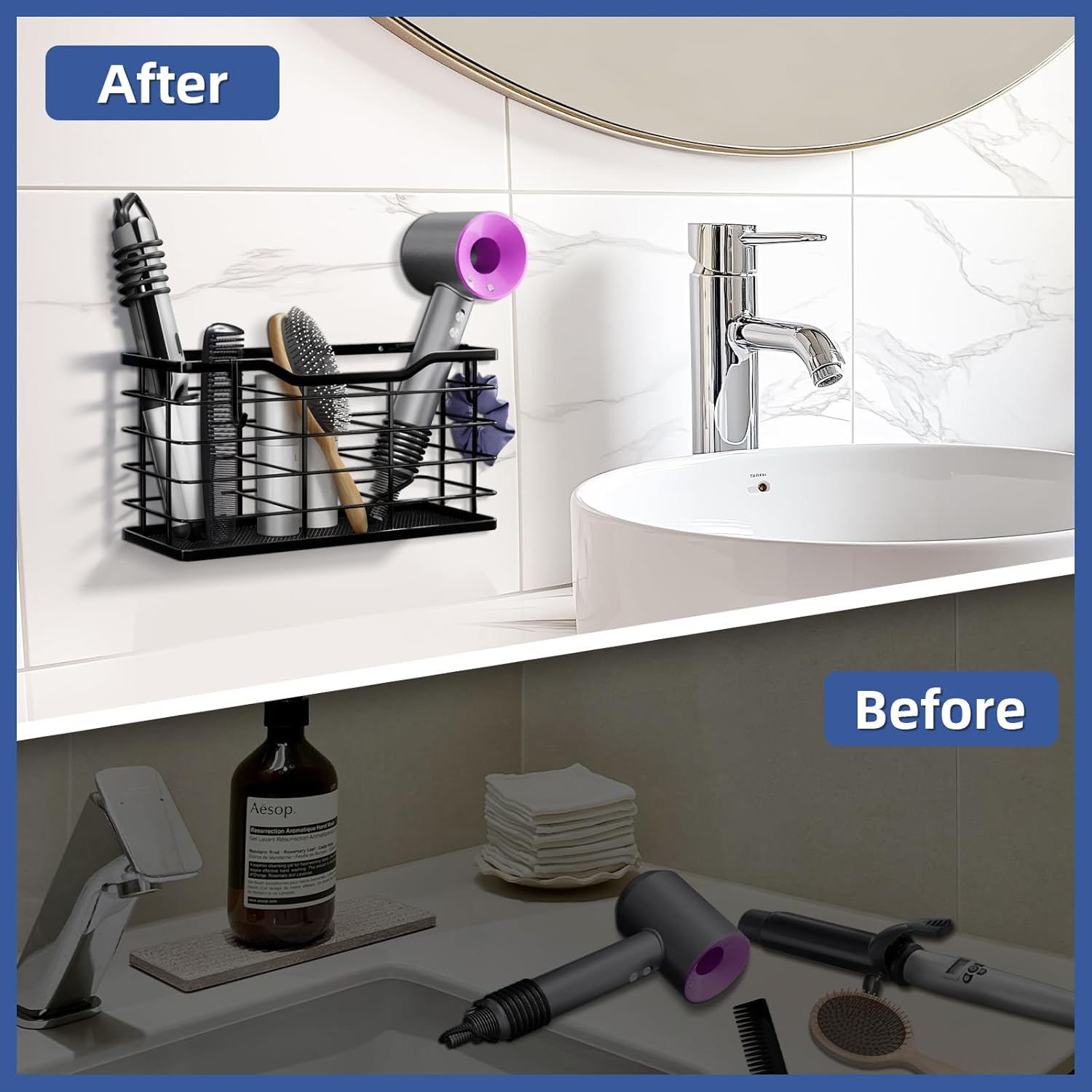 HappyHapi Hair Dryer Holder Hair Tool Organizer, Antirust Wall Mount Bathroom Hair Care Styling Tool Storage Basket for Hair Dryer, Curling Wands, Hair Straighteners - Image 6