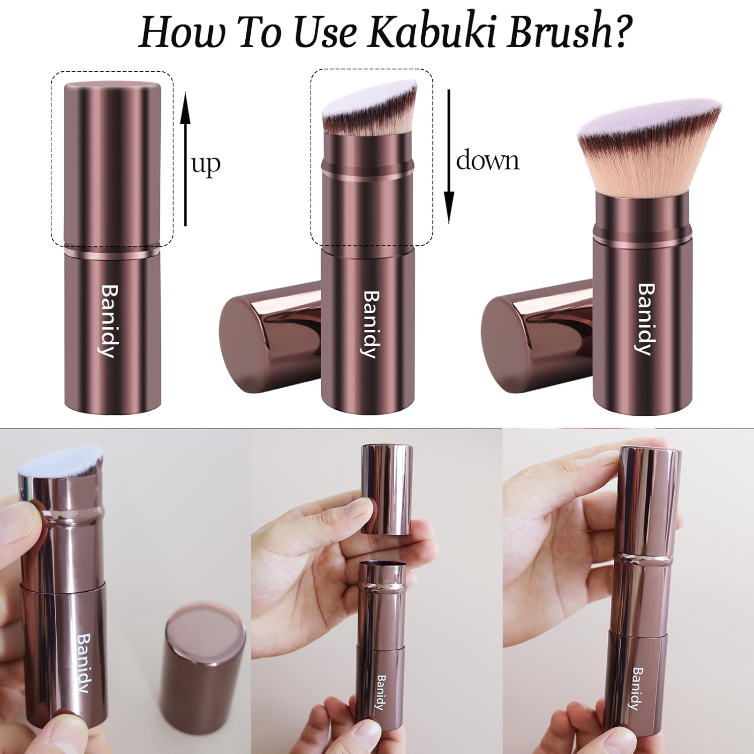 Makeup Brush Kabuki Face Brushes Retractable Travel Blush Kabuki Brush Portable Flawless for Foundation, Powder Blush, Bronzer, Buffing, Liquid, Cream, Cruelty Free with Cover(Brown) - Image 5