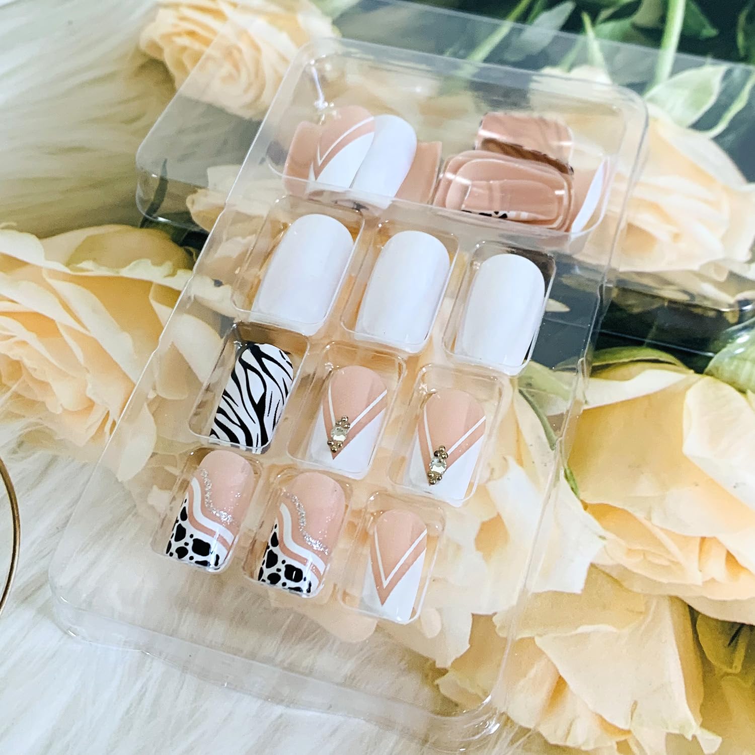 Press on Nails French 24Pcs Glossy Full Cover Medium Artificial Square False Nails with Cow Print Designs Glue Stick on Fingernails with Charm for Women Coffin Acrylic Fake Nails Sets - Image 5