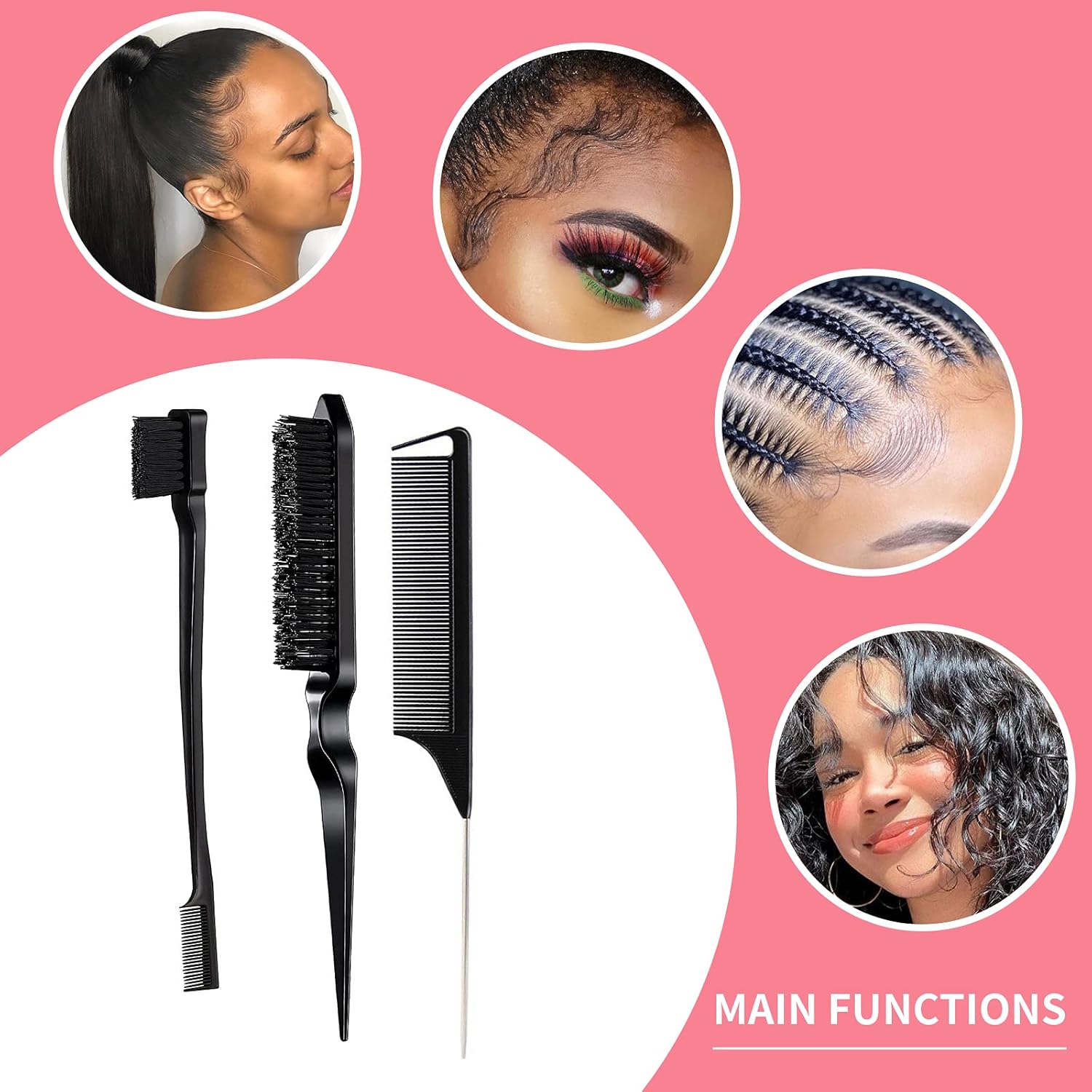 3 Pieces Hair Styling Comb Set Teasing Brush Rat Tail Comb Edge Brush for Edge&Back Brushing, Combing, Slicking Hair for Women (Black) - Image 5