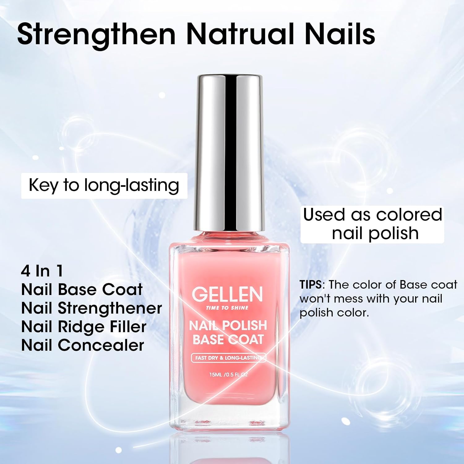 GELLEN Clear Nail Polish Base Coat, Sheer Tinted Pink Base Coat for Strengthening Thin Damaged Uneven Natural Nails, Quick Air Dry Pale Pink Regular Nail Polish Non UV Gel, Hema Free, Non-toxic - Image 3