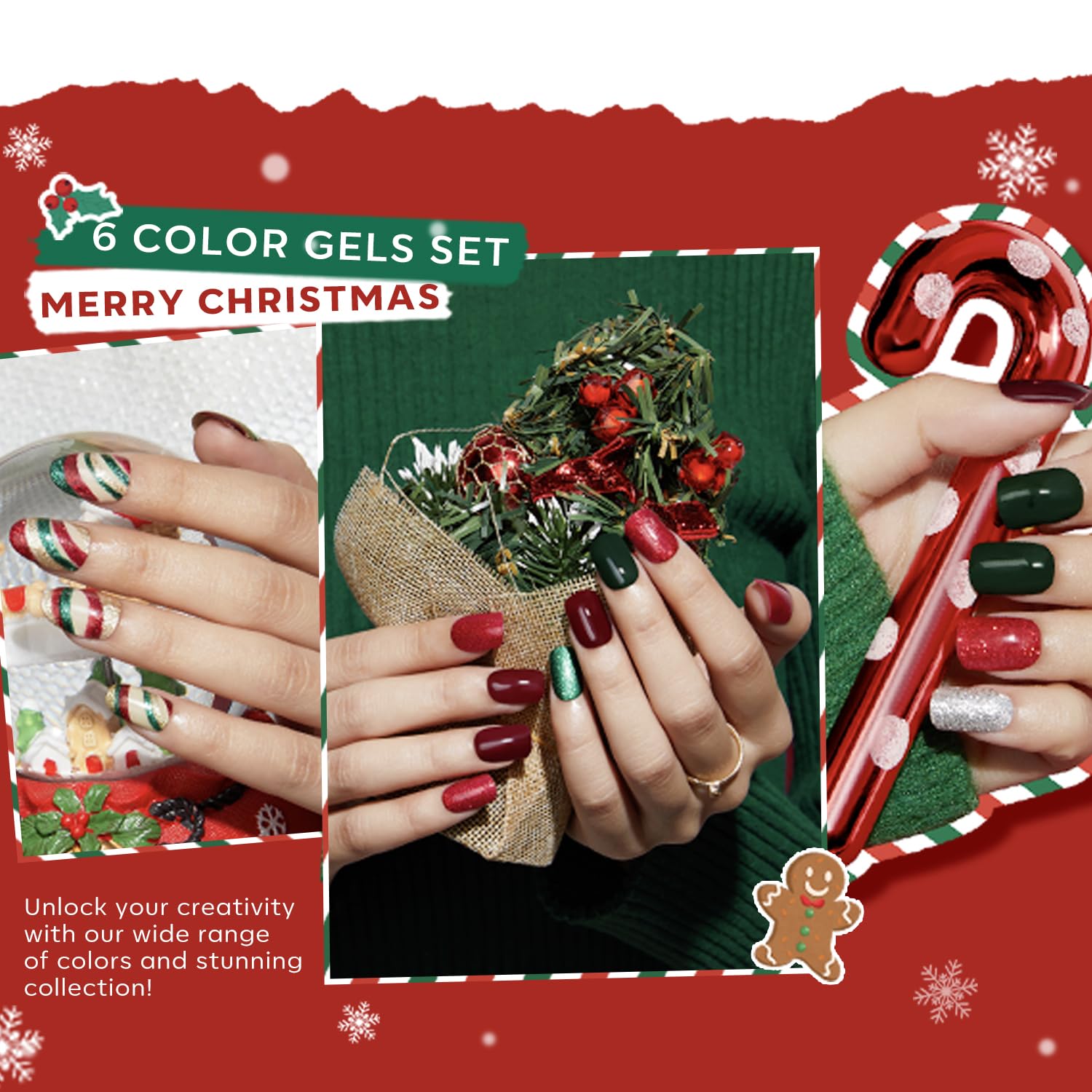 Modelones Christmas Colors Acrylic Powder Kit - 6 Colors Golden Glitter Yellow Green Dark Red Sliver Christmas Eve Cover Powder for Nail Art Extension - No Lamp Needed (C7-Lucky Clover) - Image 2