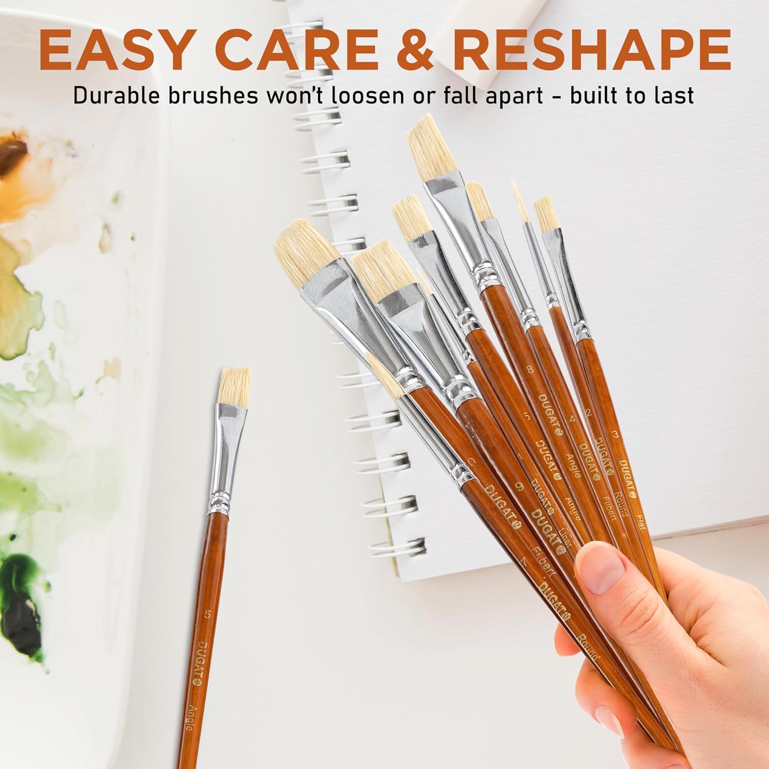 10pcs White Hog Hair Artist Paint Brush Set by DUGATO Perfect for Acrylic Oil Gouache Watercolor, Painting Brushes Kit for Kids, Adults Fabulous for Canvas & Fabric - Image 5