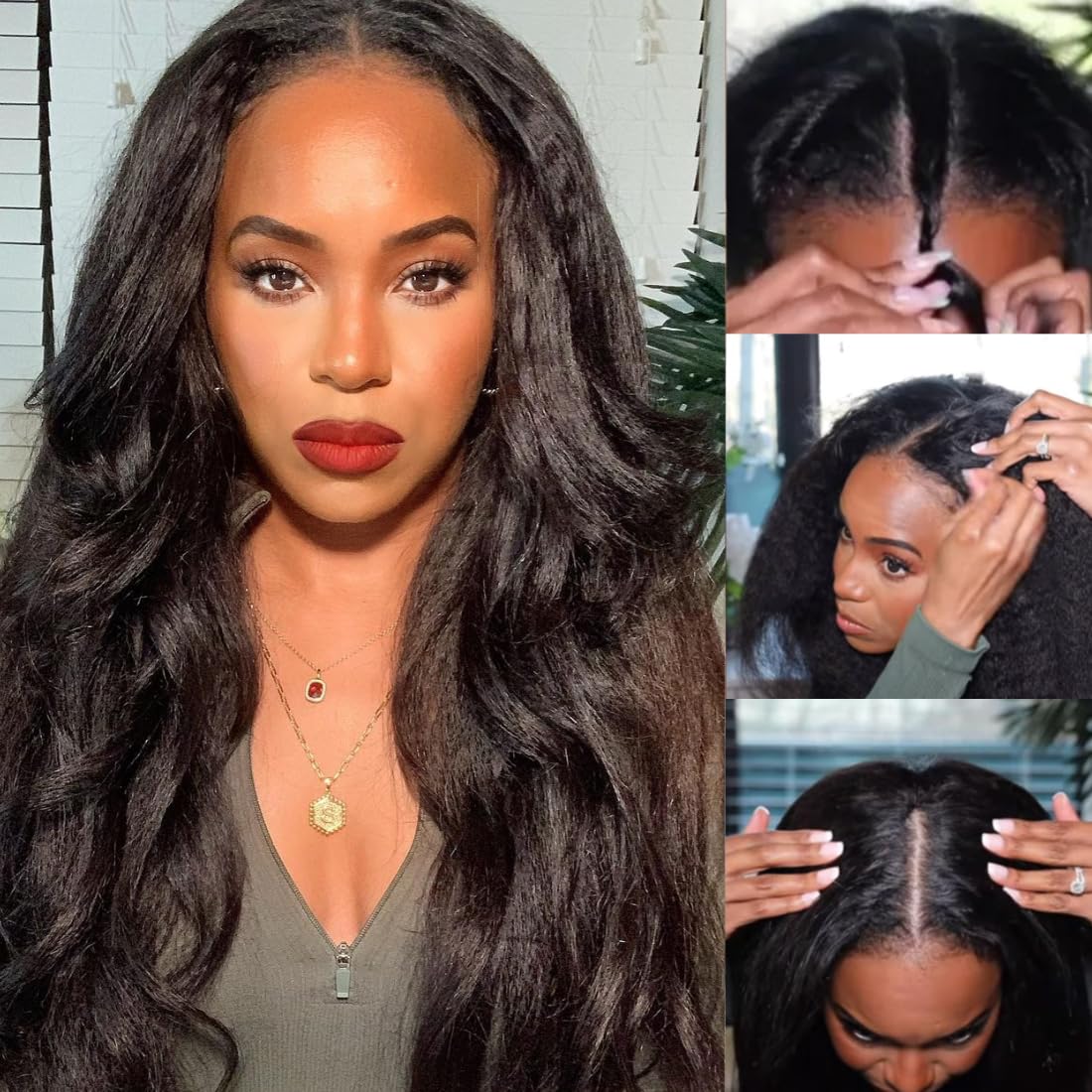 Nadula V Part Wig Yaki Straight Human Hair No Leave Out Glueless Upgraded U Part Wigs for Women,10A Yaki Straight V-part Wigs V Shape Clip in Half Wig Ready to Go 150% Density 16inch - Image 2