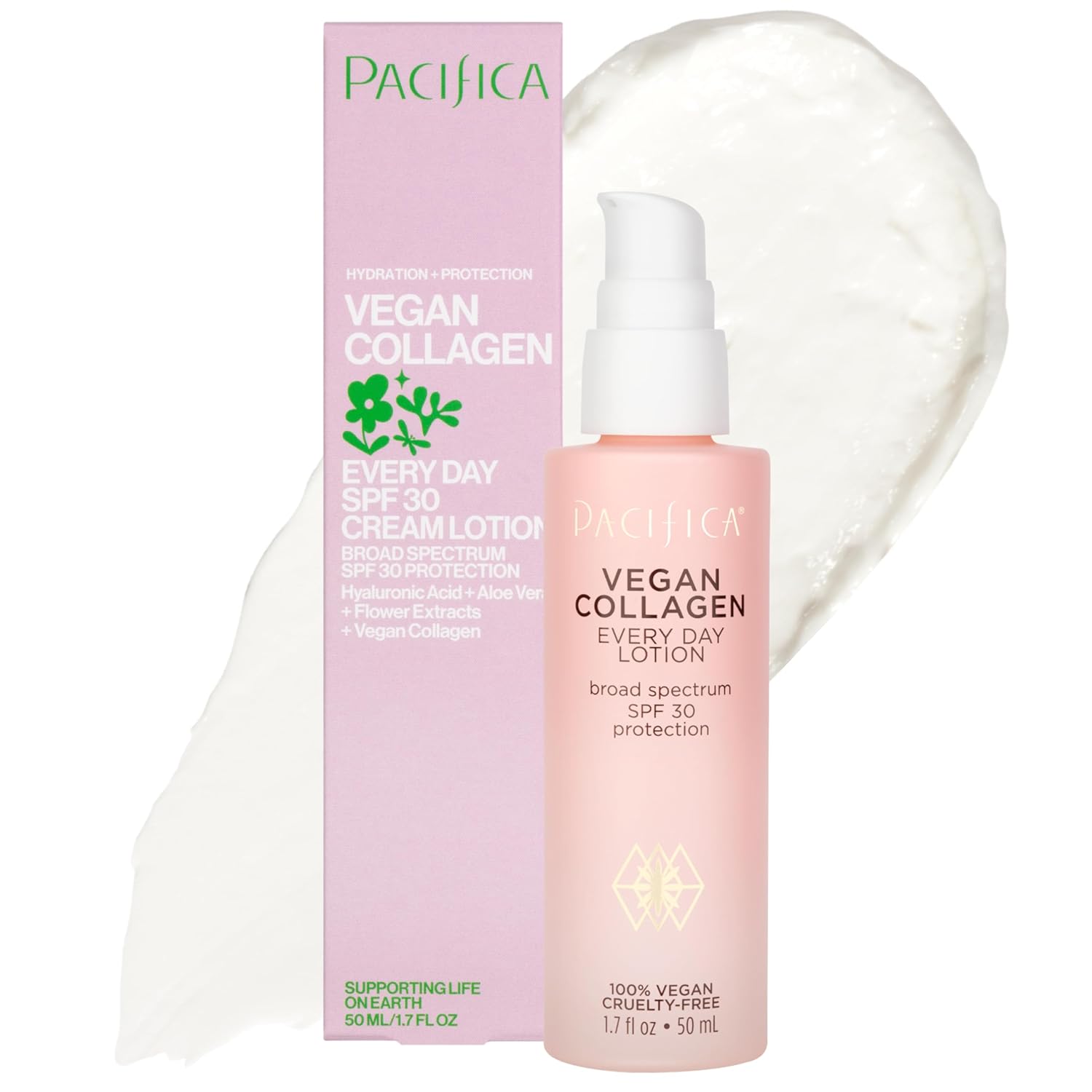 Pacifica Beauty Vegan Collagen SPF 30 Broad Spectrum Sunscreen Every Day Face Lotion, UVA/UVB Protection for All Skin Types, Lightweight, Moisturizing & Hydrating, Cruelty Free, White, 1.7 Fl Oz