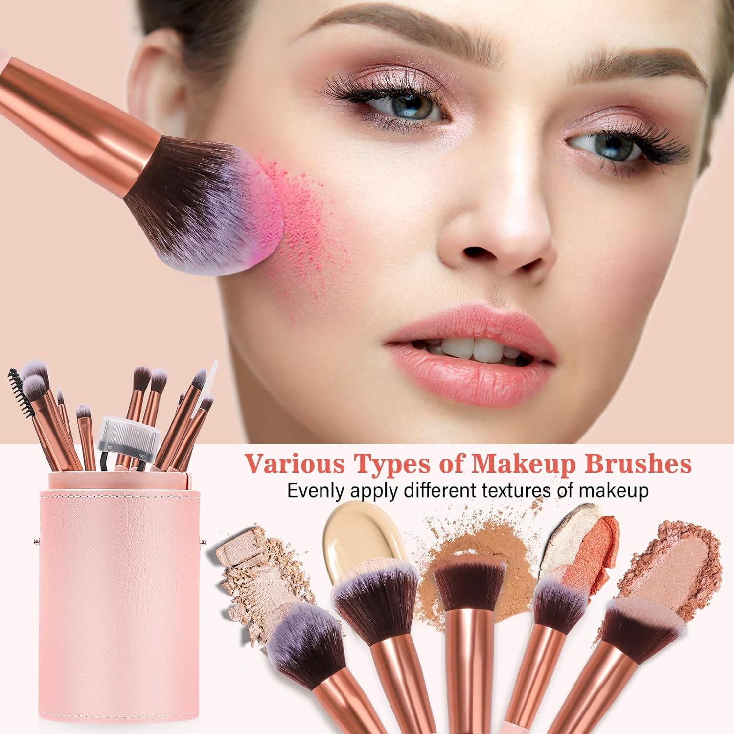 Makeup Brush Set, 17PCs Makeup Brushes with Foundation Eyebrow Blending Concealer Blush Eyeshadow Contour Lash Powder Brush, Make Up Brushes Kit with Organizer Travel Case (Medium, Pink) - Image 2