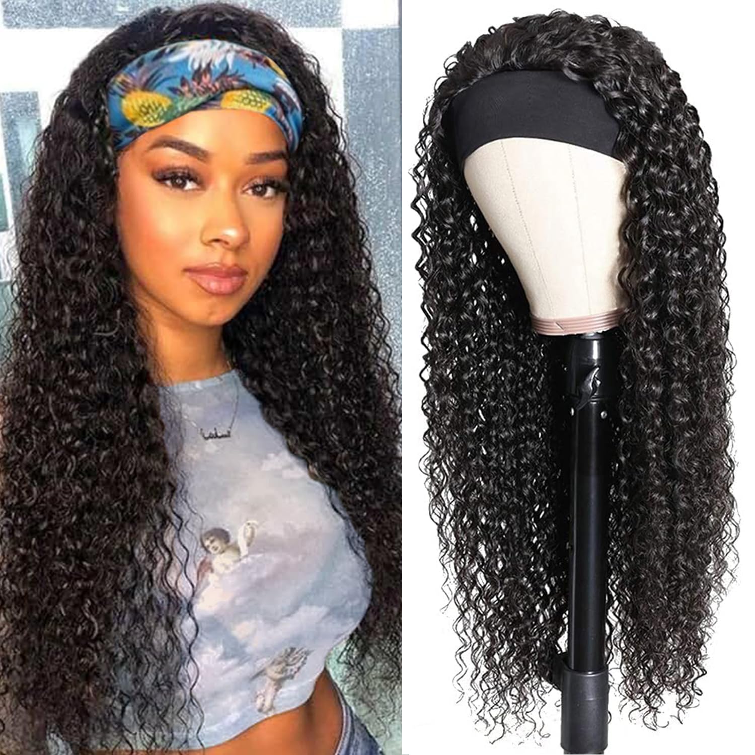Headband Wig Human Hair Deep Wave 20 Inch Human Hair Headband Wig Glueless Curly Wigs None Lace Front Wigs for Black Women Natural Color